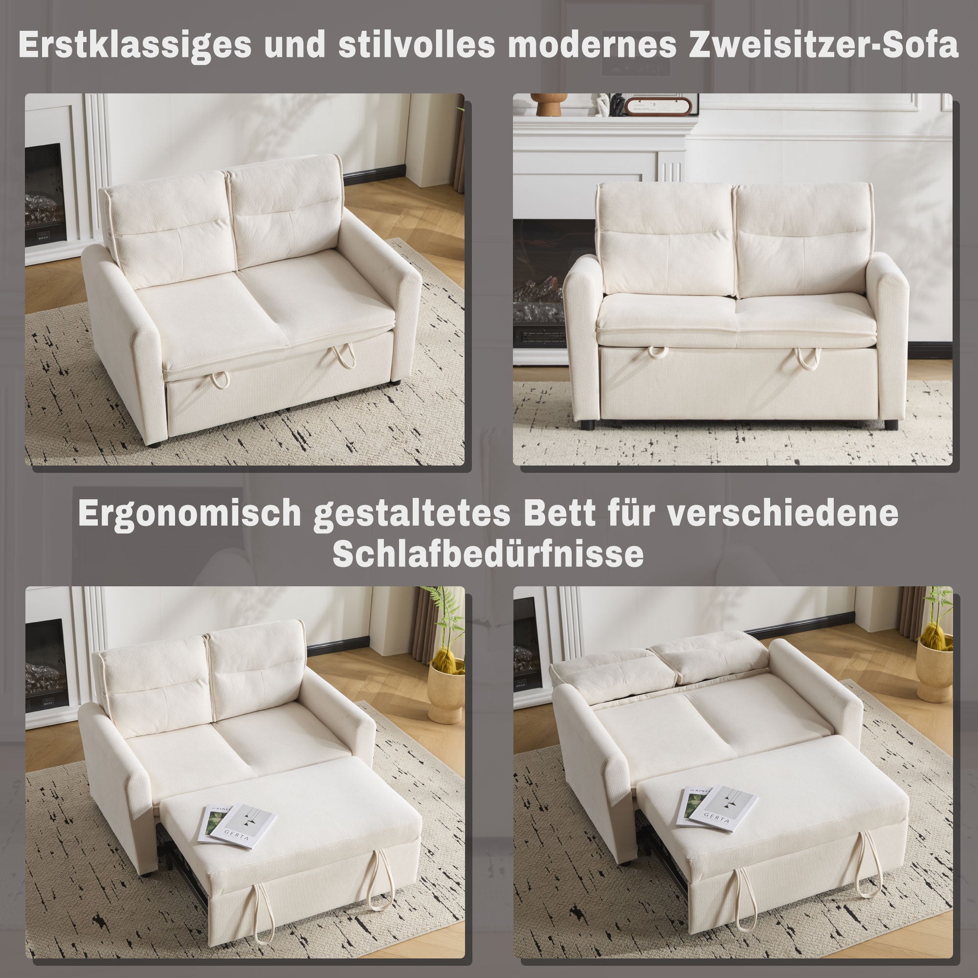 Sofa Bed, Modern 2-Seater Foldable with Pull-Out & Adjustable Backrest