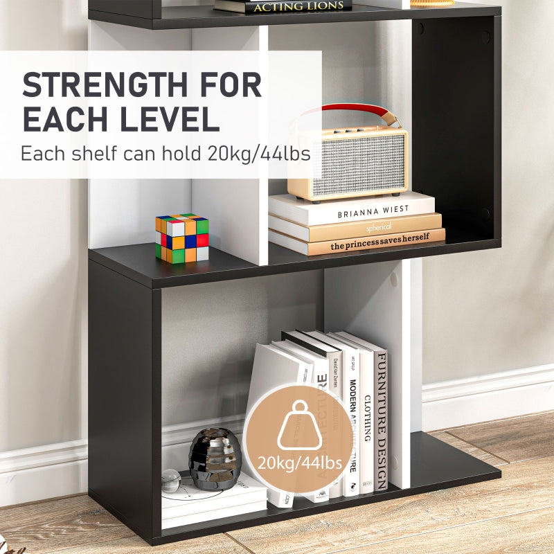 Bookcase S-Shaped 5/6 Tiers Freestanding Display Storage Rack, Wooden Black and White