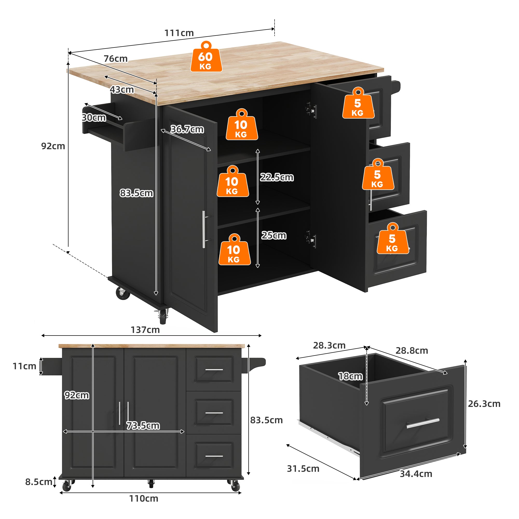 Mobile Kitchen Table with Foldable Worktop and 3 Drawers, Oak Look