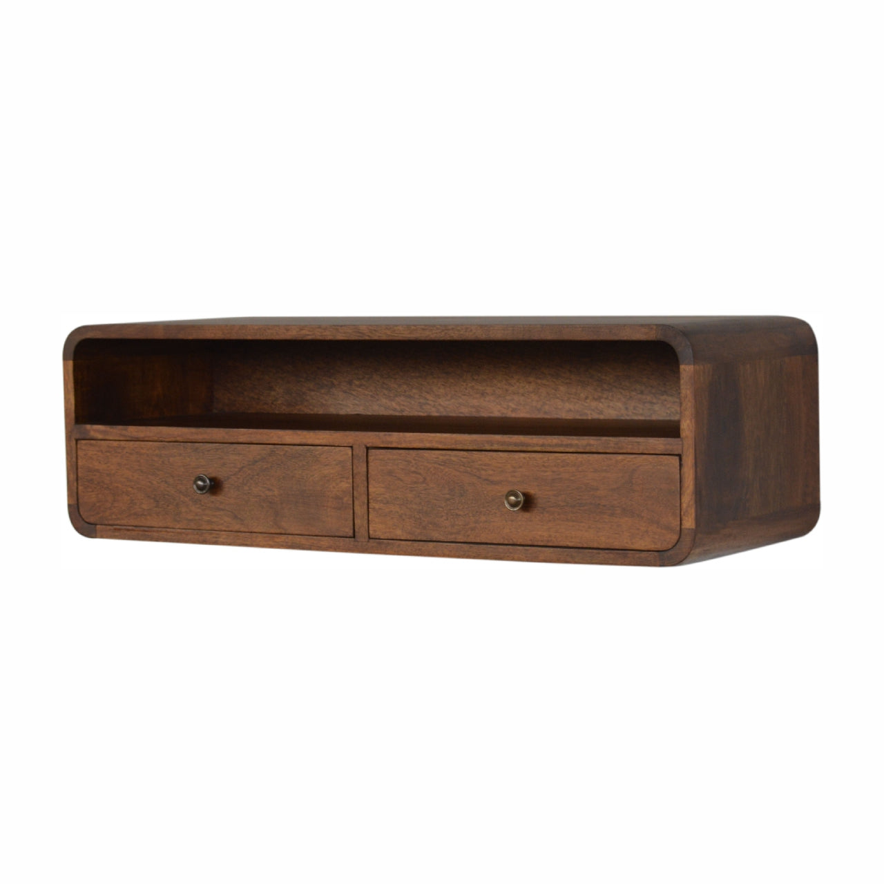 Solid Wood Floating Console, 2 Drawers 1 Shelf, Dark Brown Chestnut