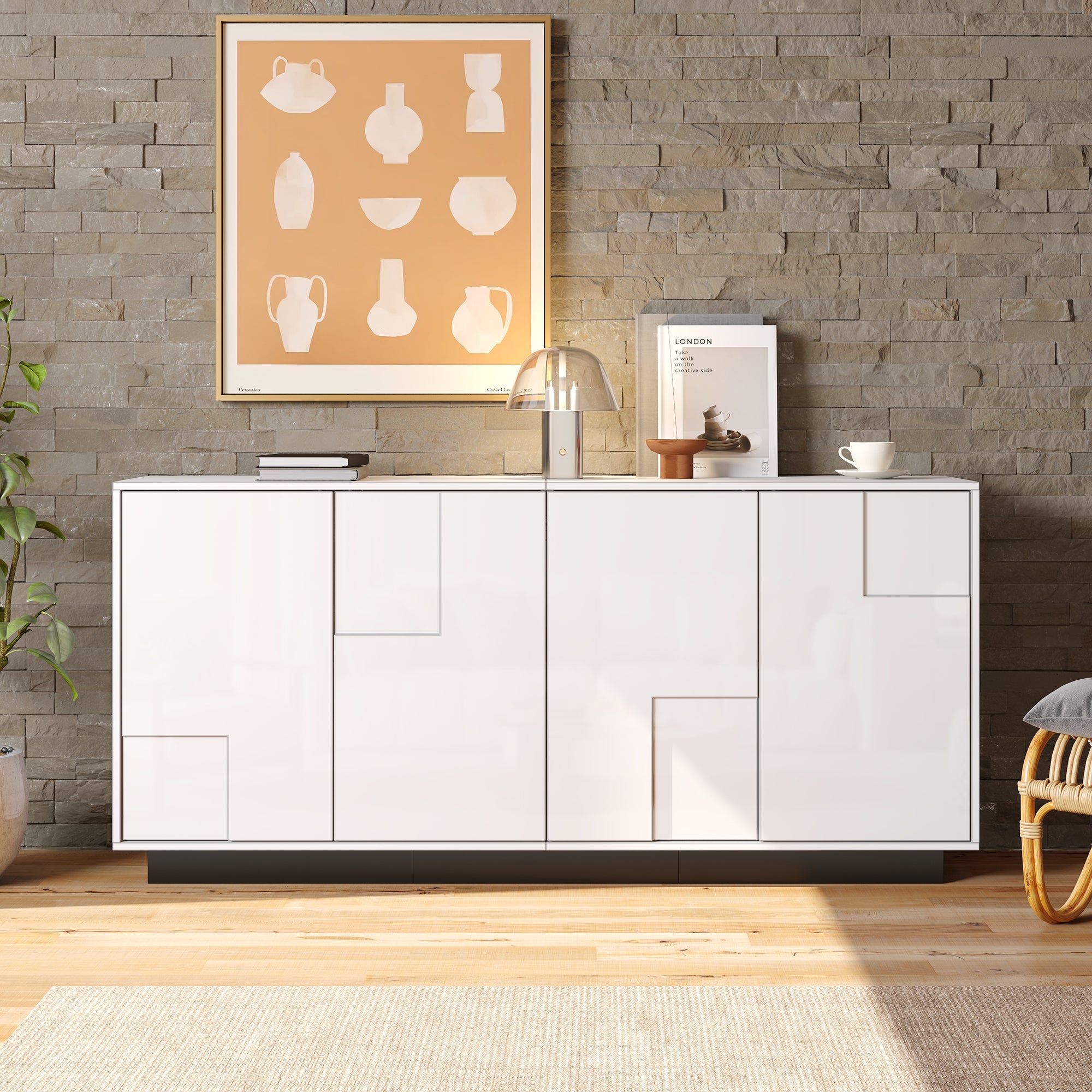 Living Room Sideboard, 4-Door High-Gloss Cabinet with Ample Storage, White and Black