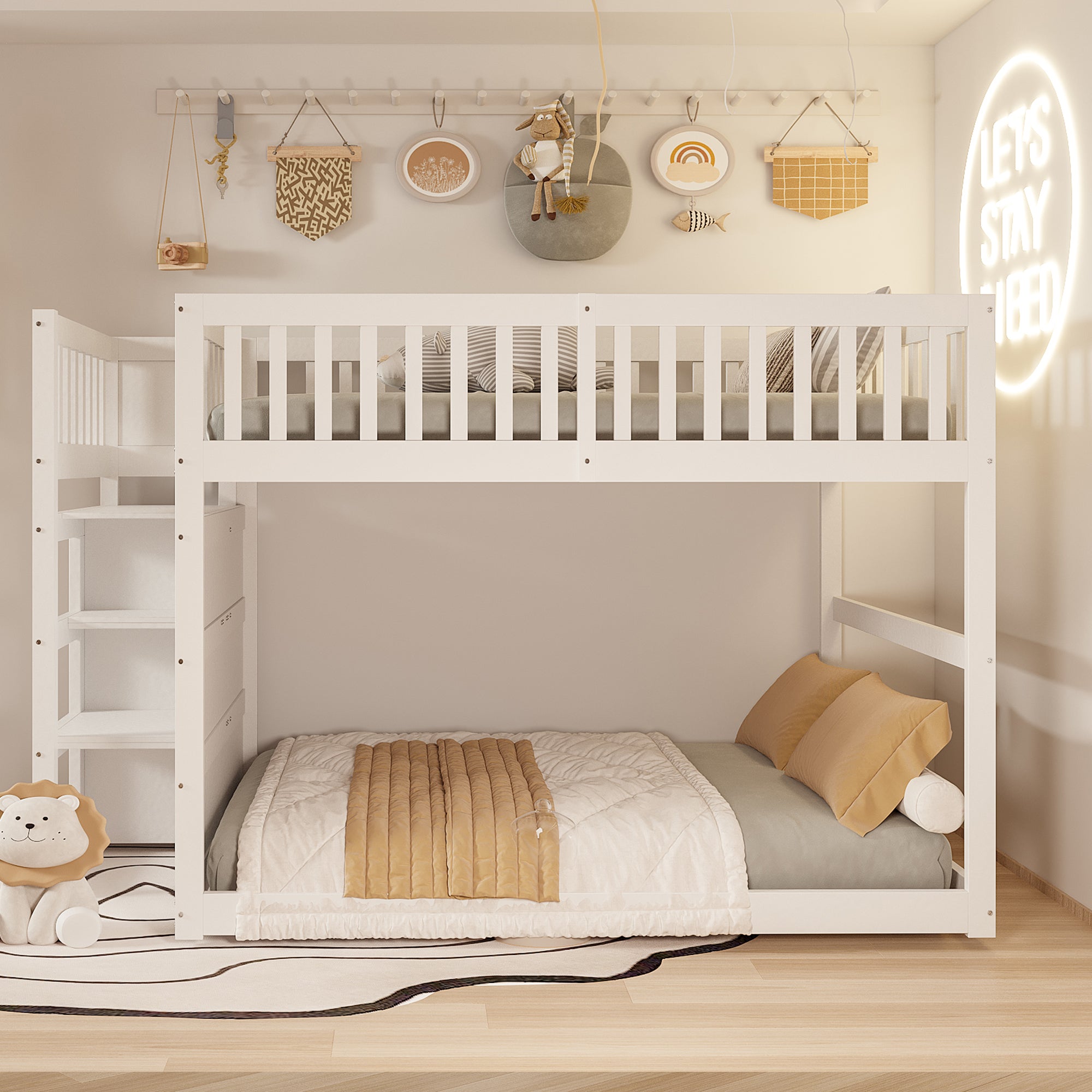Low Bunk Bed, 140x200cm Safety with Storage & High Fence, Wooden White