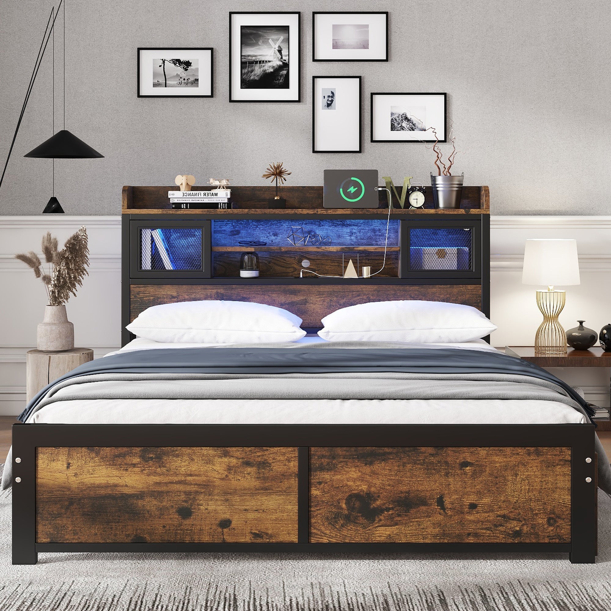 Metal Bed, 4ft6 Double 135x190cm with LED, 2 Drawers & 3 Charge Ports, Black/Wood