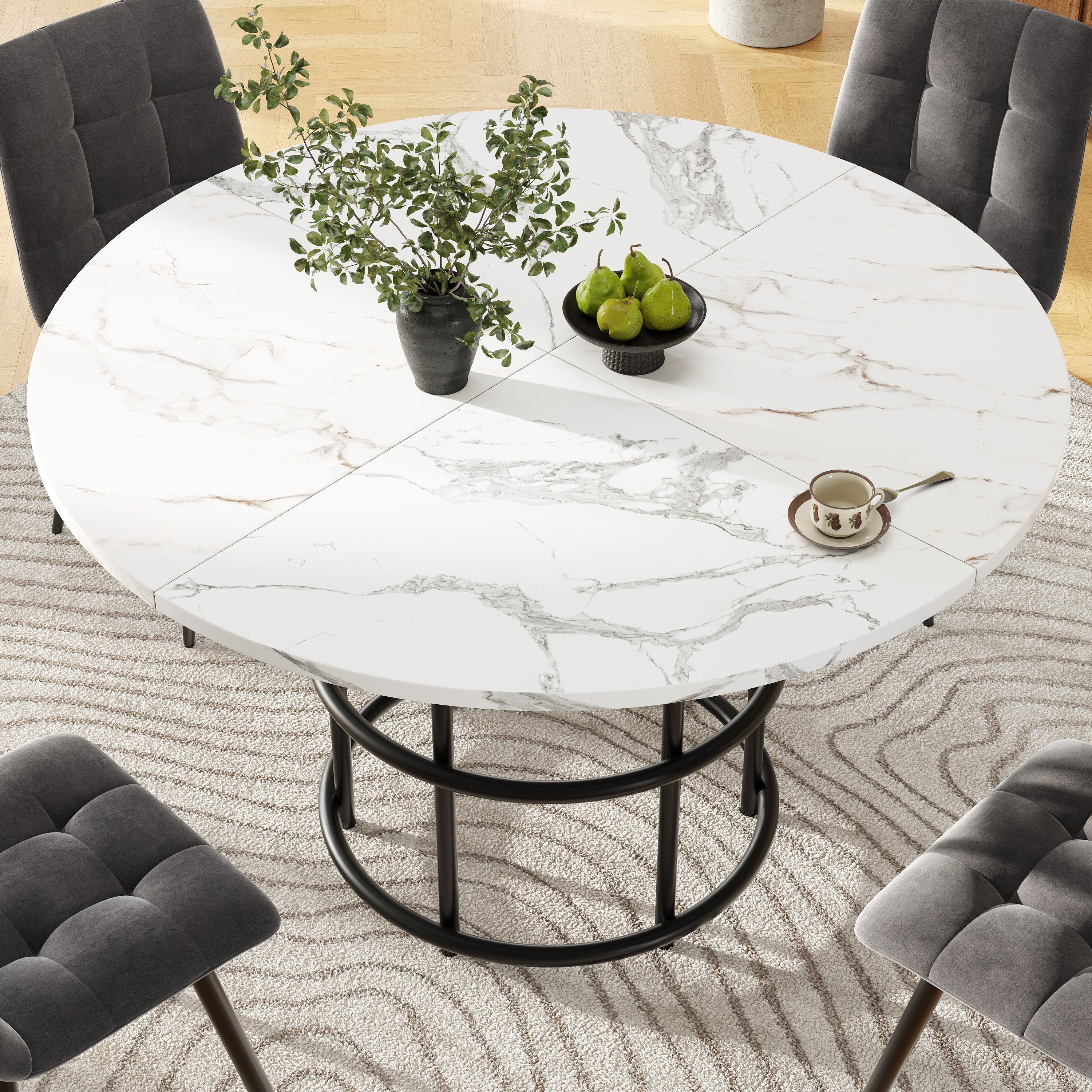Dining Table Set 5-Piece Round 100cm MDF/Velvet White/Grey