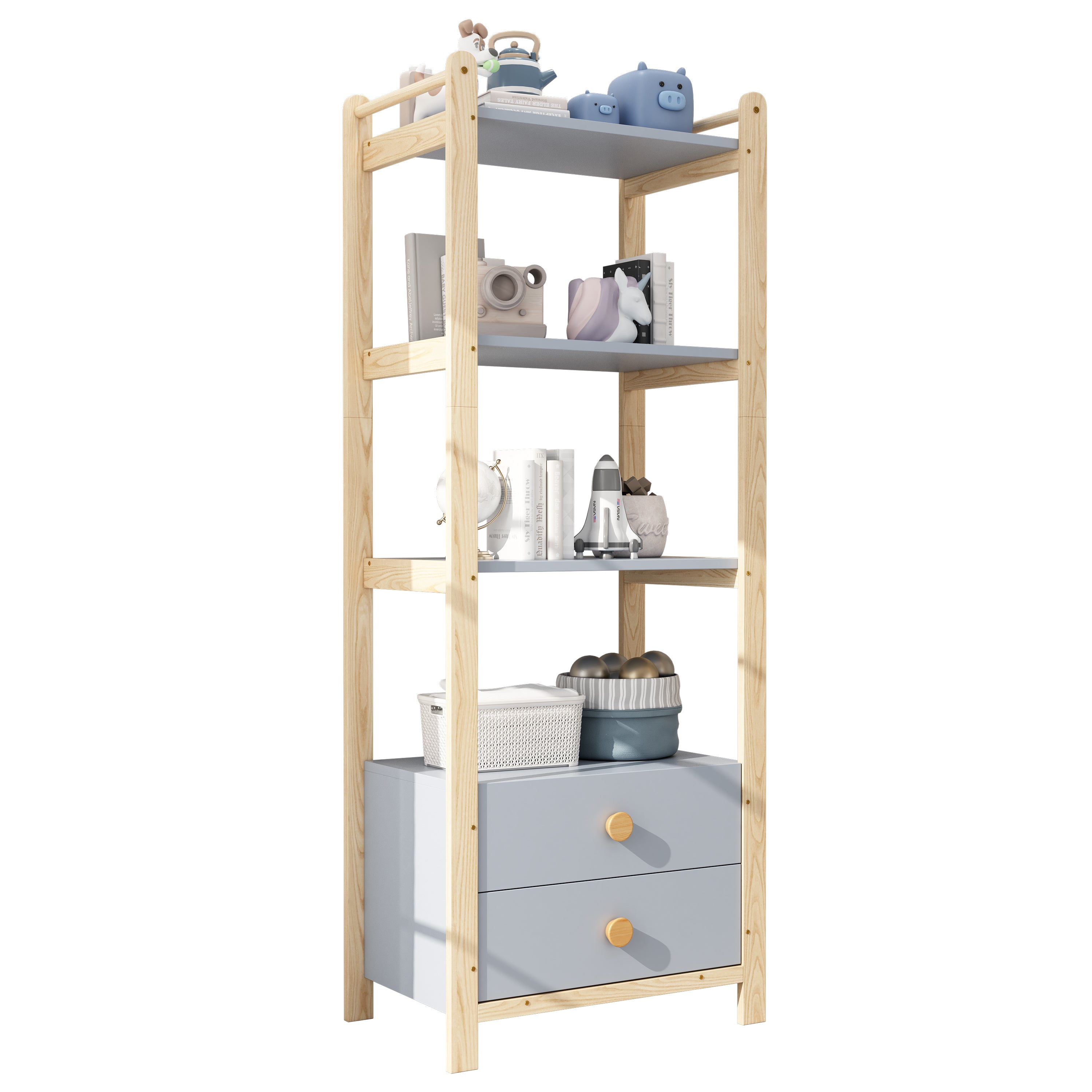Freestanding Shelf Unit, 2 Drawers 4 Shelves 70x44x180cm, Blue and Natural Wood Pine Frame