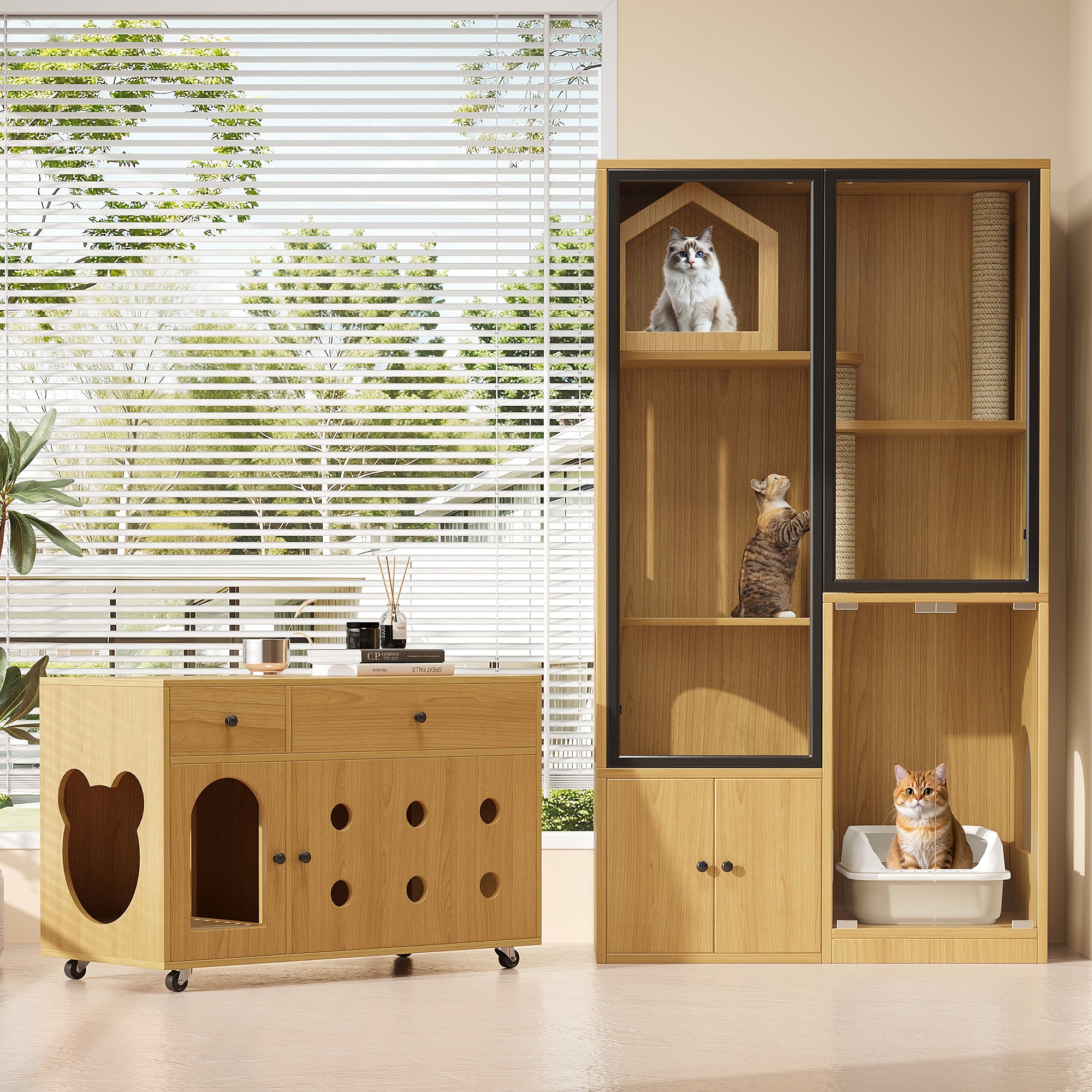 Cat Villa Litter Box Cabinet Glass House - Yellow Maple Wood Color