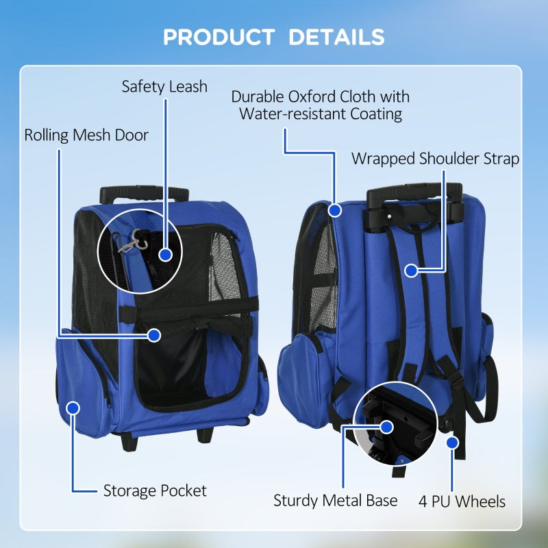 Portable Pet Carrier Backpack with Trolley, Telescopic Handle, Stroller Wheels, Blue