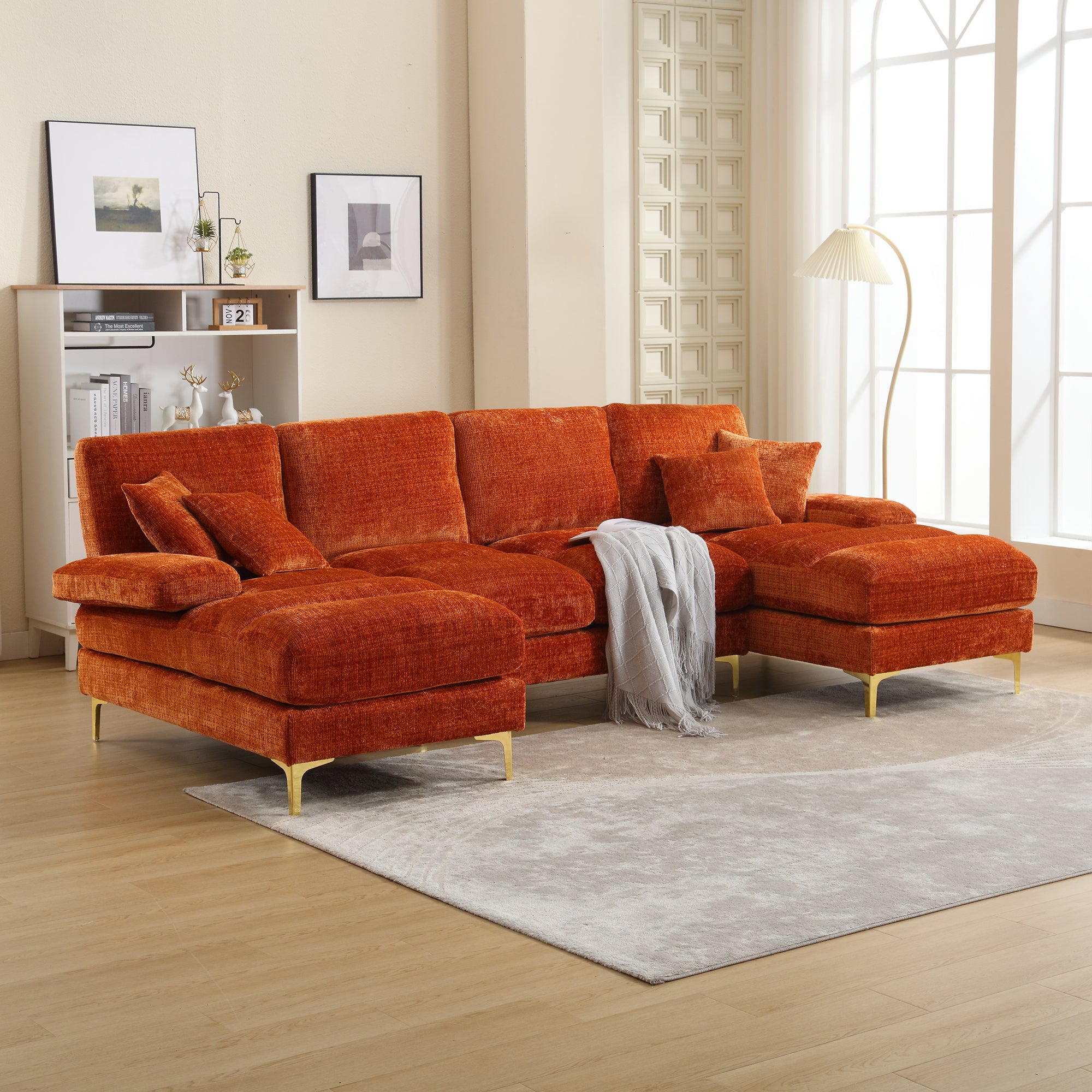 Sofa, Modern Large U-Shape Sectional with Double Reclining Seats, Chenille Orange