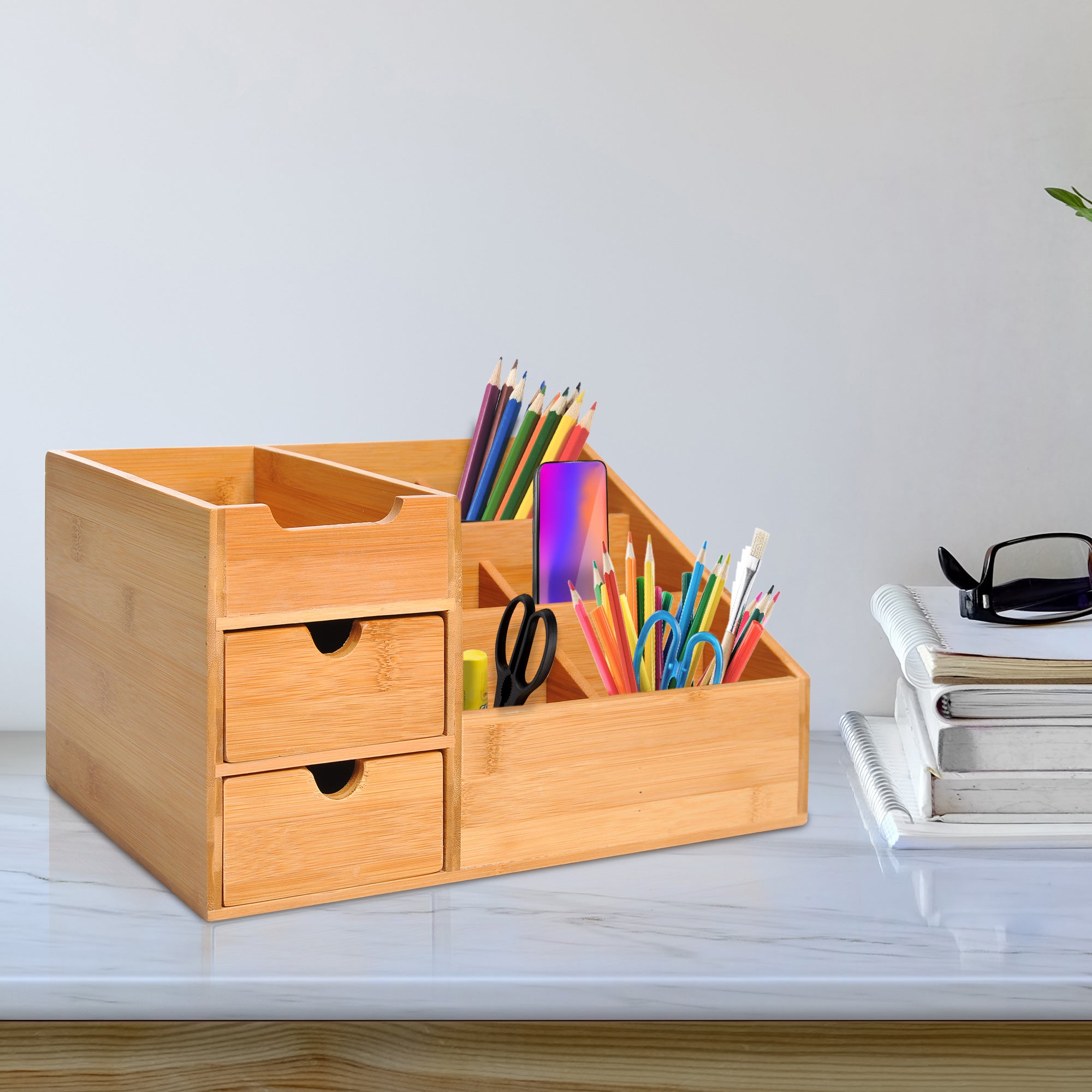 Desk organizer office storage box with 2 drawers, natural