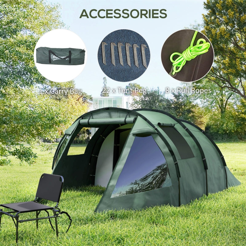 Two Room Tunnel Tent, 3-4 Man Camping with Windows, Green