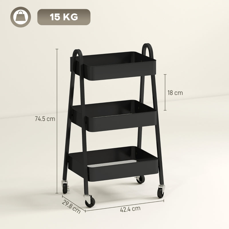 Three-Tier Storage Trolley with 4 Wheels & Mesh Shelves, Black Metal