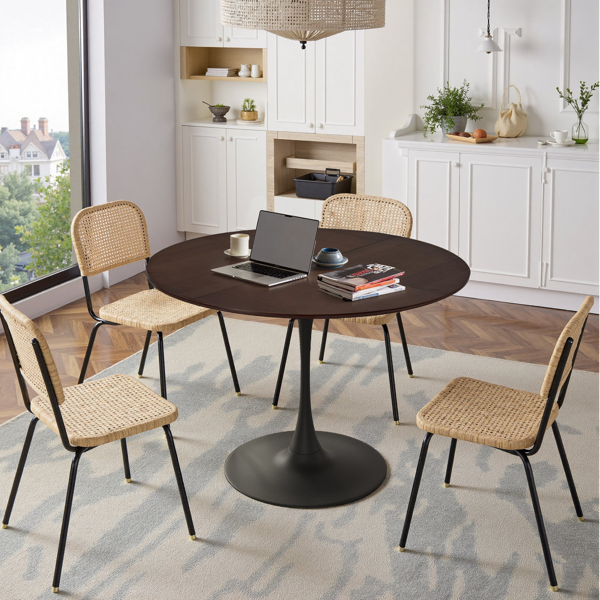 Modern Round Dining Table, 47.24" Four Patchwork Tabletops, Oak Wood Grain & Metal