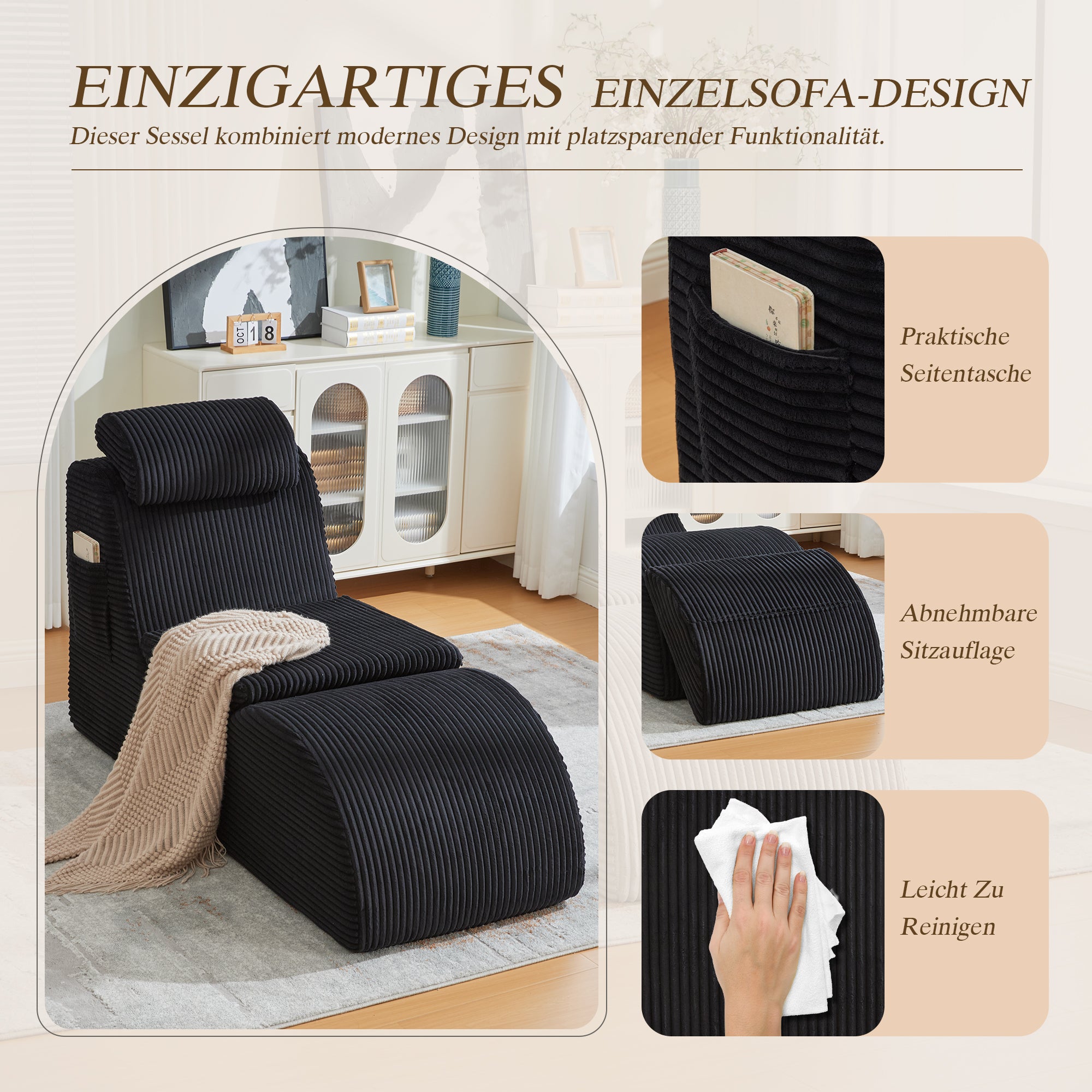 Modern Leisure Chair with Ergonomic Compression Foam and Side Pocket, Black