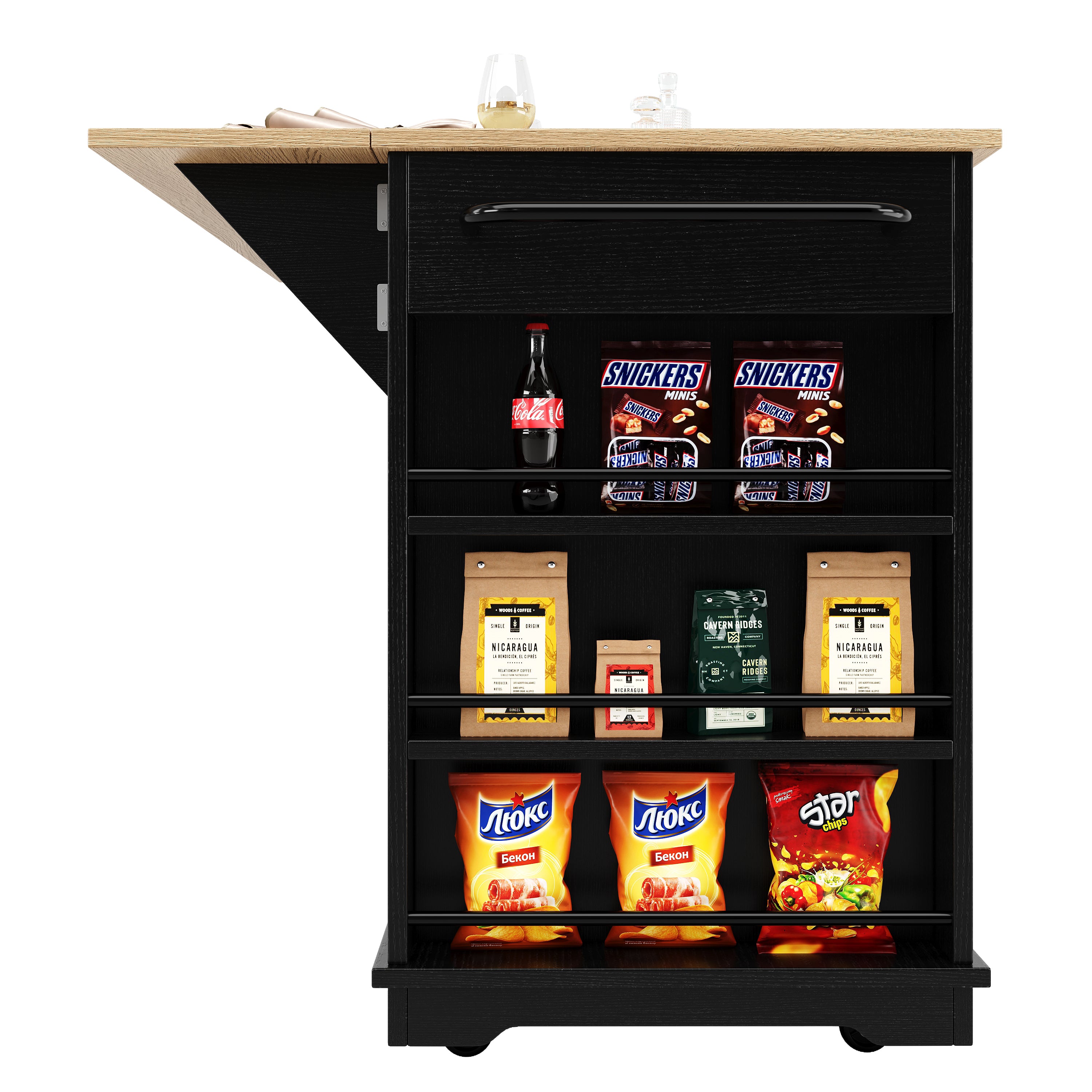 Kitchen Island, Removable Dividers, Dining Cart with Tempered Glass, Black