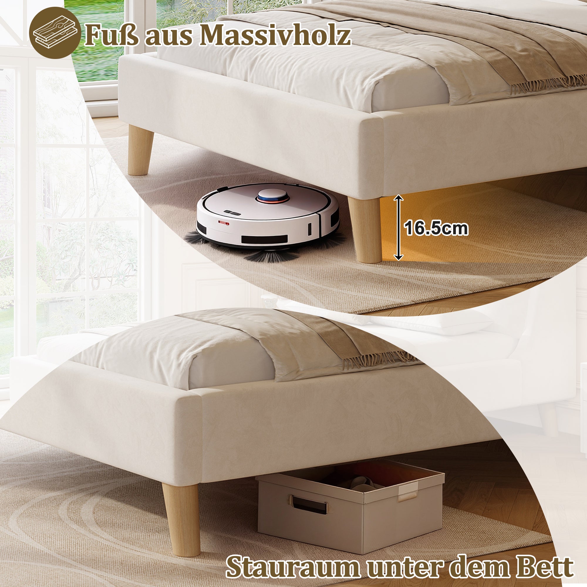 Upholstered Single Bed 90 x 200cm with Slatted Base and Solid Wood Legs, Beige Velvet