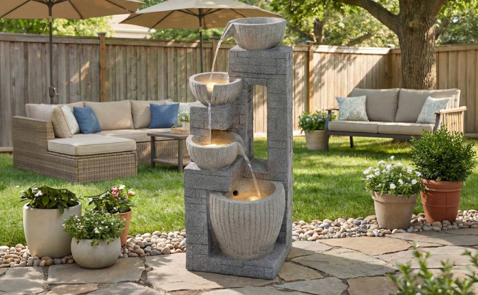 80 cm Layered Stone Basin with LED Fountain for Garden and Terrace, Stone Grey