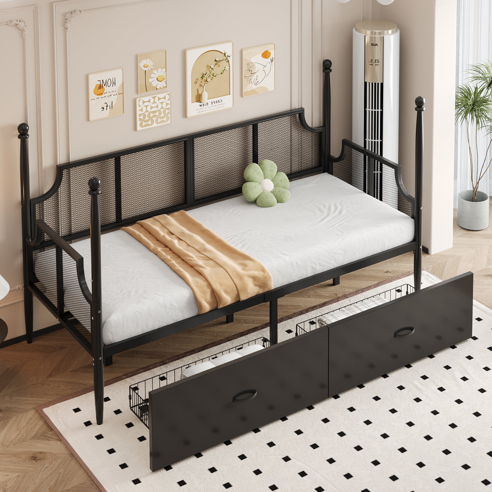 Iron Sofa Bed 90x200, Vintage Mesh with Storage, Black