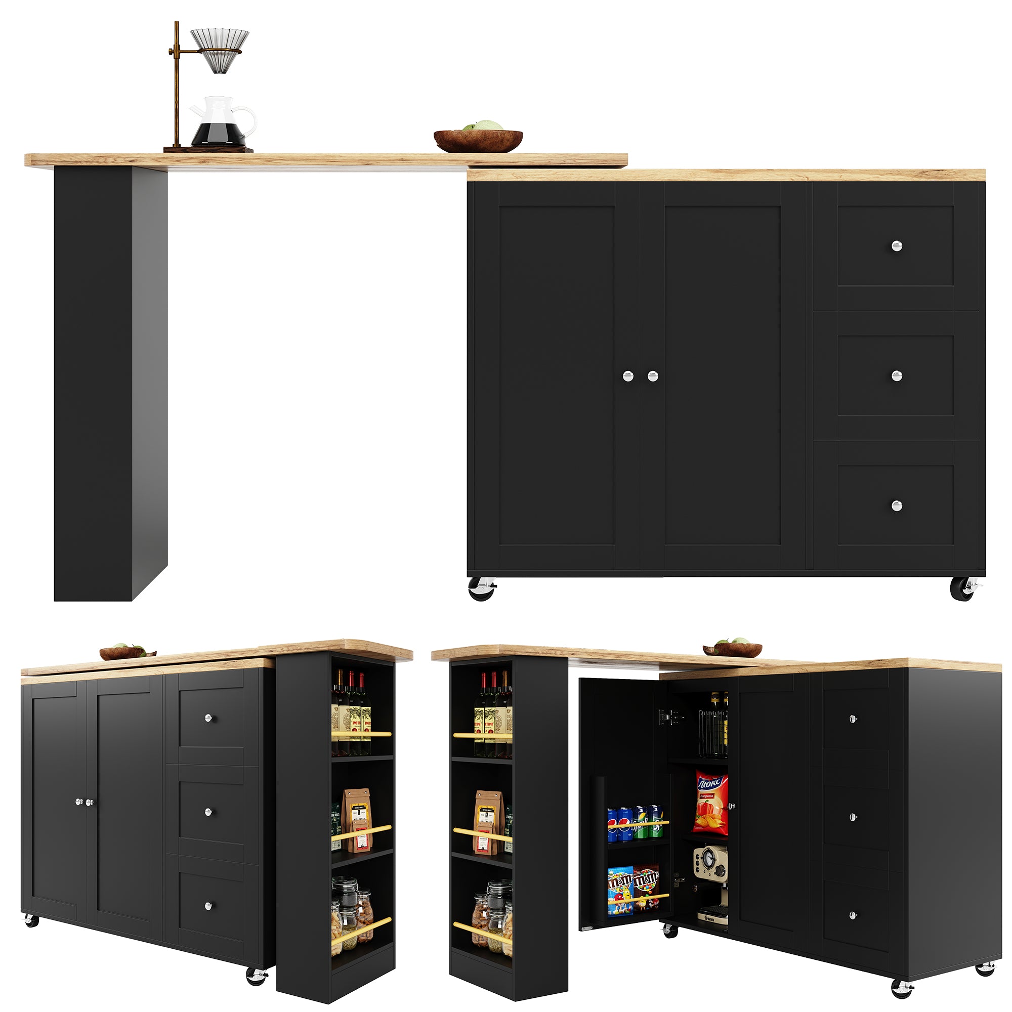 360° Rotating Bar Table Extendable On Casters Storage Island 3 Drawers Black