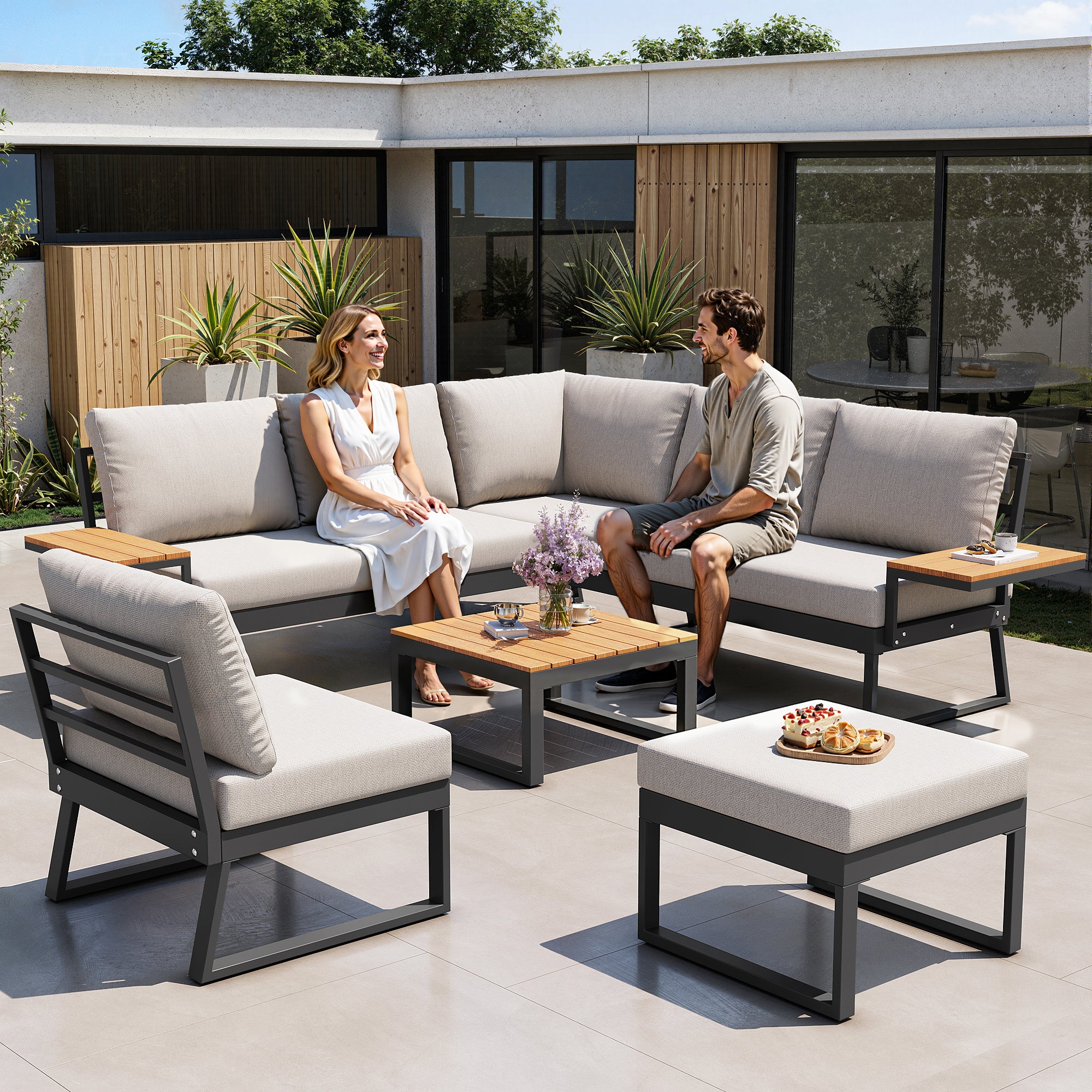 L-shaped Garden Sofa Set 7-Seater Lounger with Table Armchair Stool - Grey/Beige