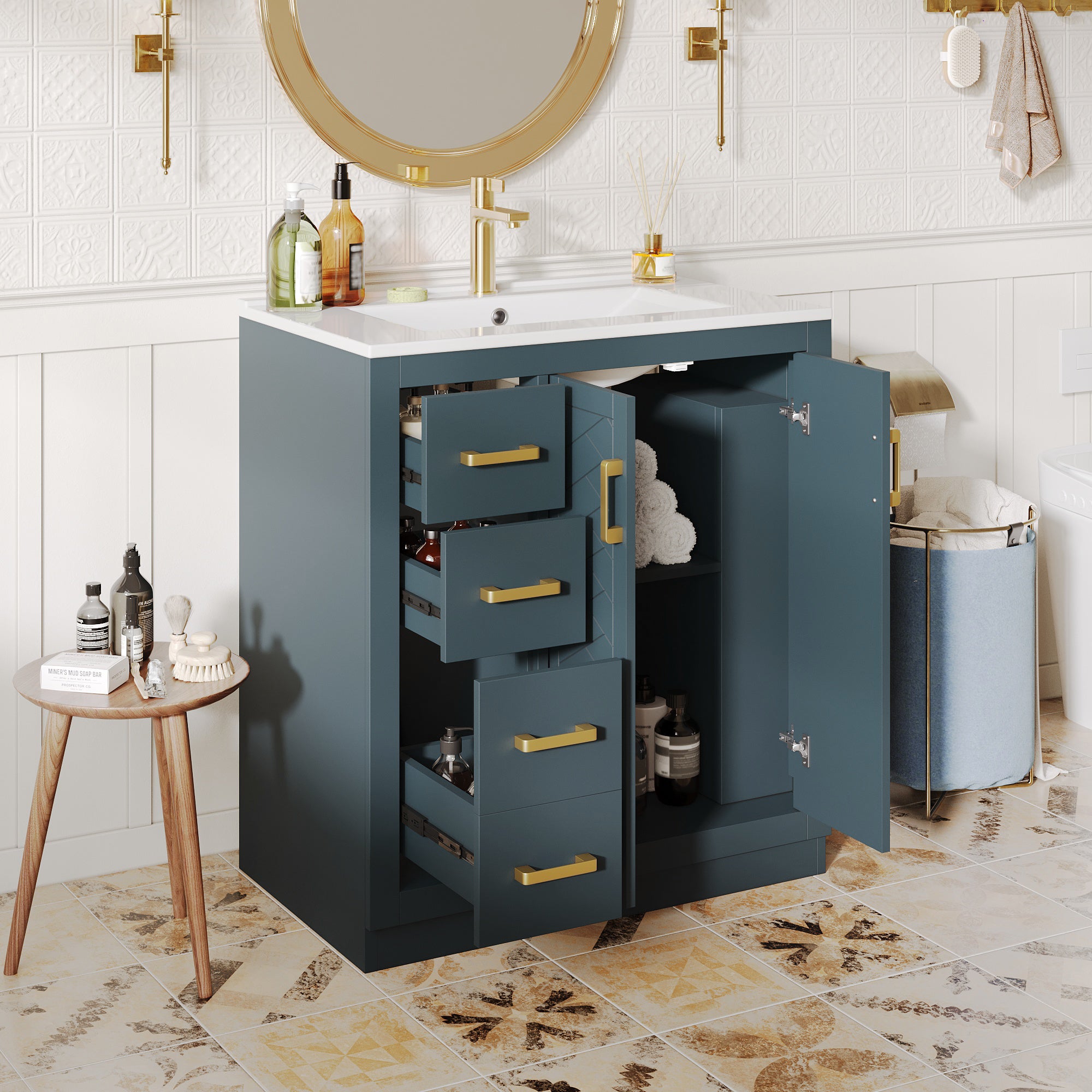 Bathroom Vanity Unit with Ceramic Sink and Storage Drawers, Blue