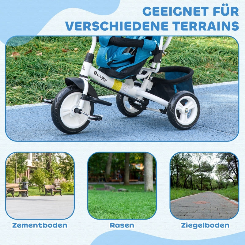 6-in-1 tricycle with push bar, removable sun canopy, 5-point safety harness, blue