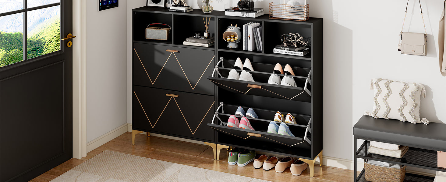 Shoe Cabinet with 4 Drop-Down Doors, 8 Compartments, 4 Semi-Open Shelves, Raised Legs, MDF + Metal
