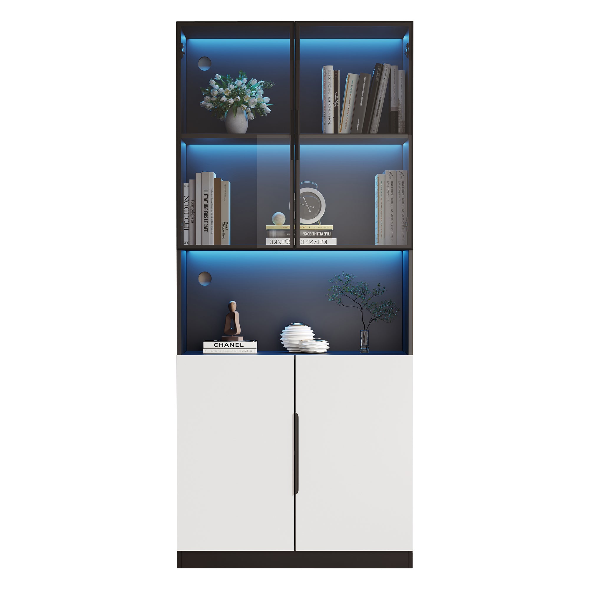 Modern Minimalist Display Cabinet, Glass Doors, LED Lights, White/Black