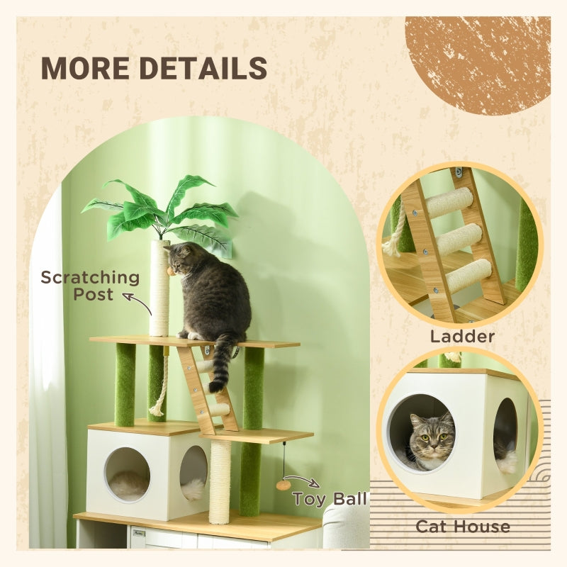 2-in-1 Hidden Cat Litter Box, with House, Ladder, Scratching Posts, Platforms, Oak