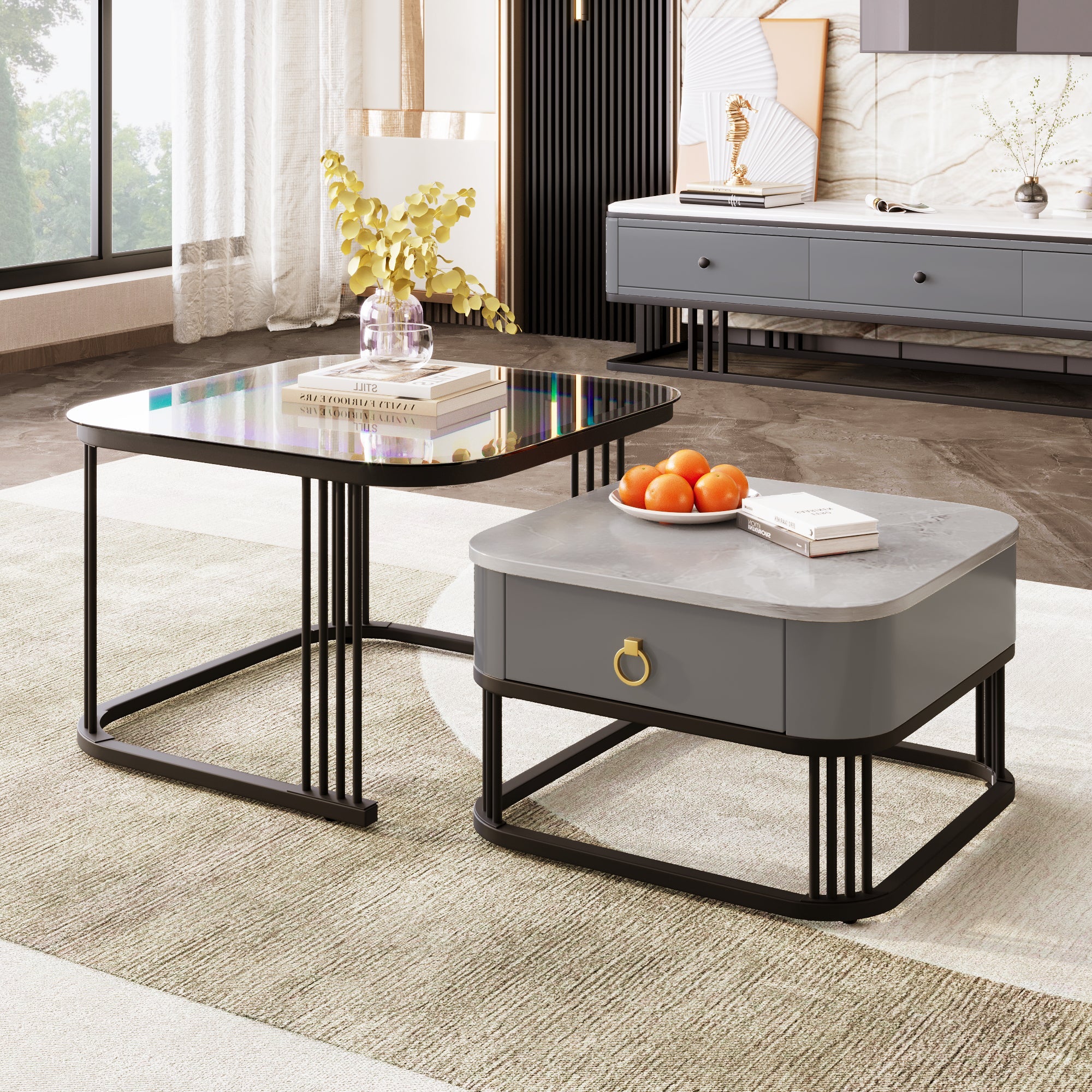 Nestable Coffee Table: High-Gloss Marble Exterior, Glass Tabletop, Black Table Legs, Side Table with Drawer (Set of 2)