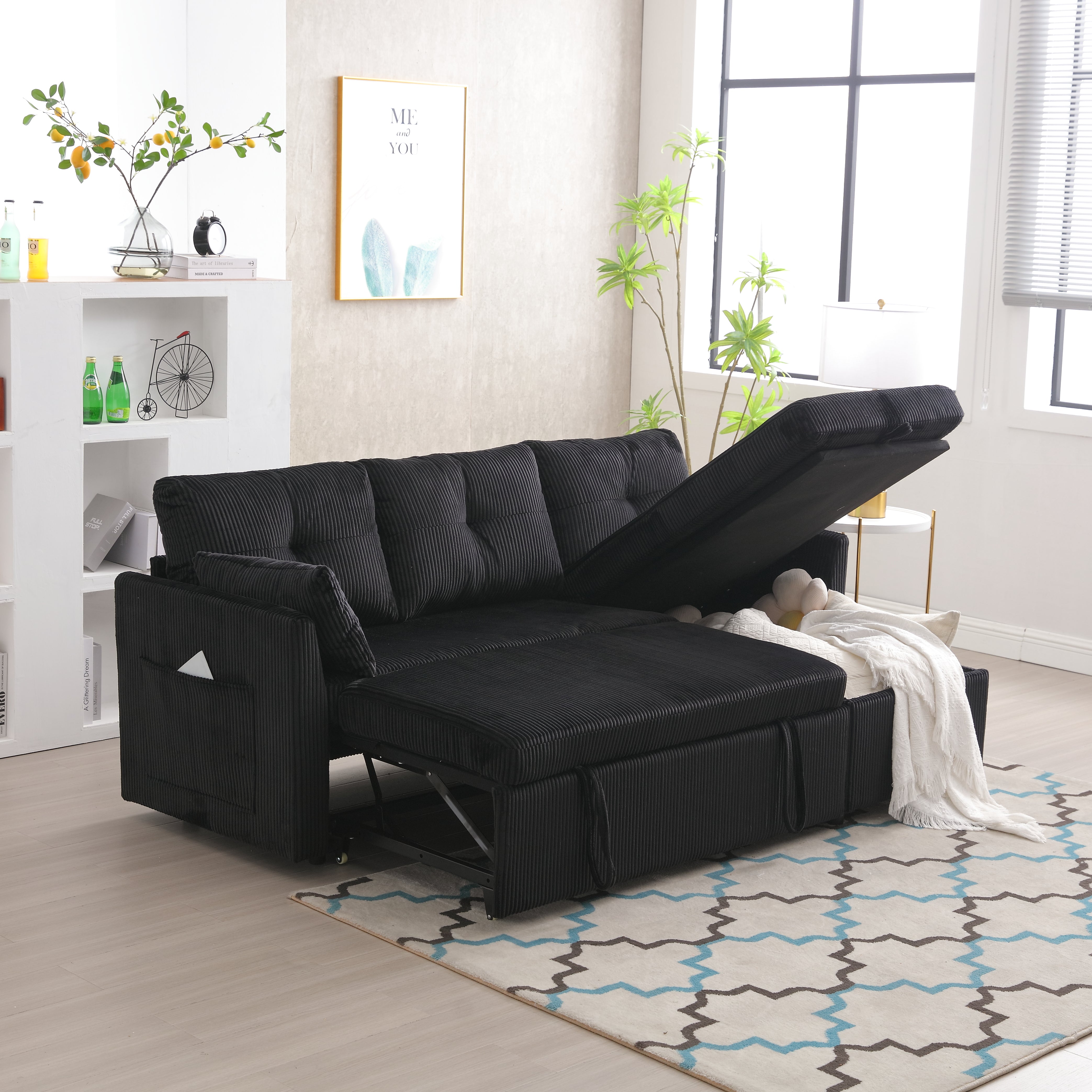 Sofa Bed, Multi-functional with Storage & Pull-Out Bed, L-Shaped Sectional