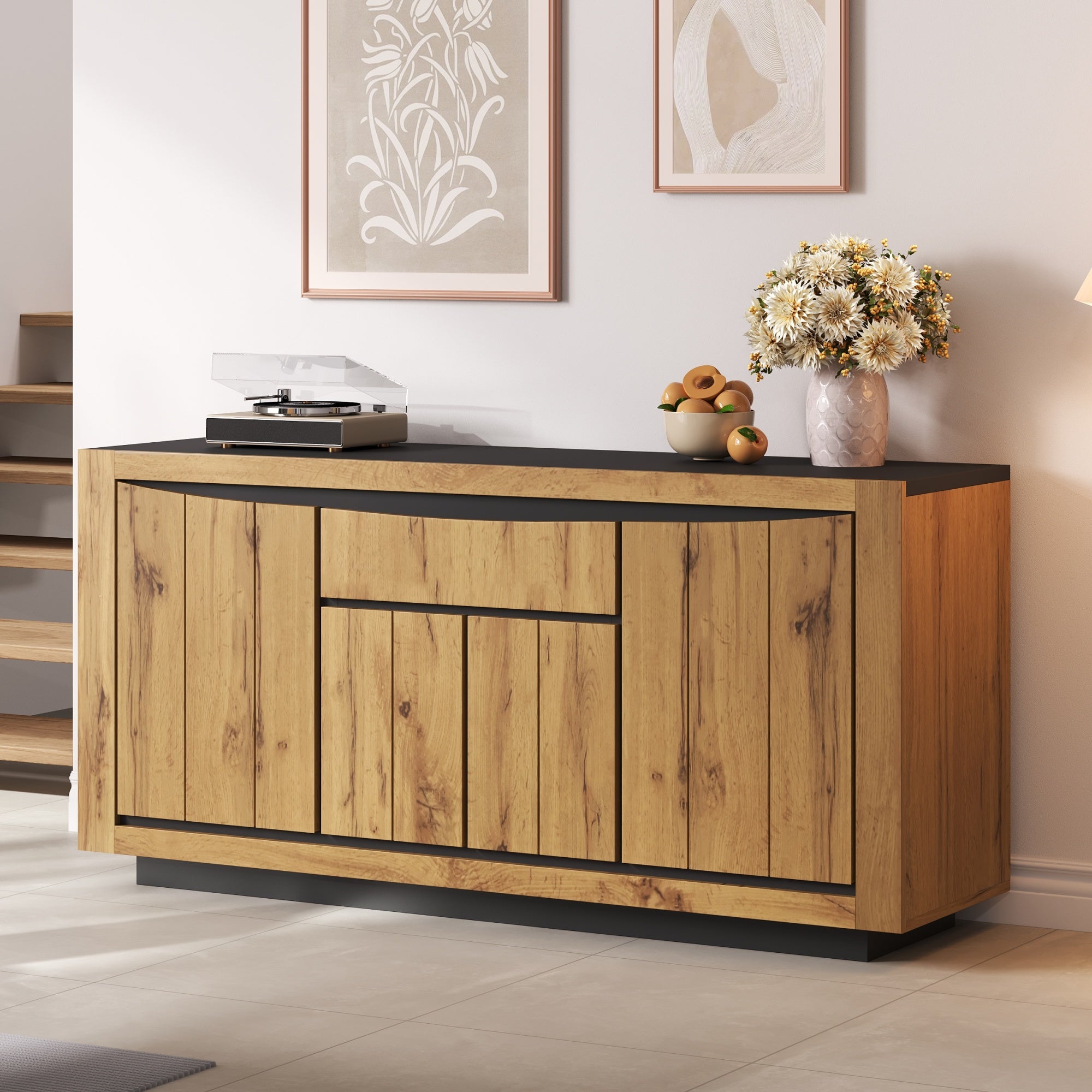 Sideboard 140x52cm 4 Doors 1 Drawer Handleless Storage Wood/Black