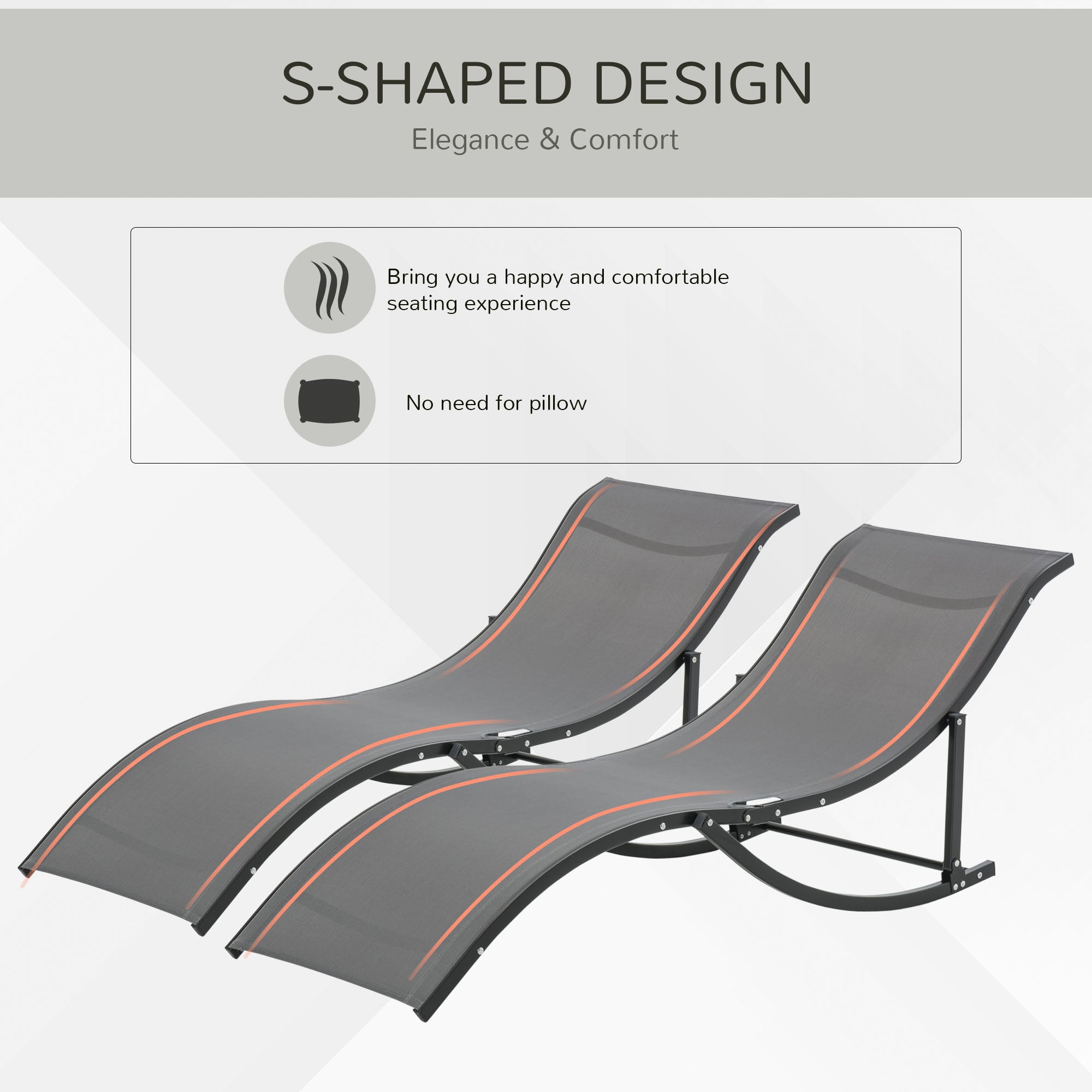 Set of 2 S-shaped Foldable Lounge Chair Sun Lounger Reclining Outdoor, Grey