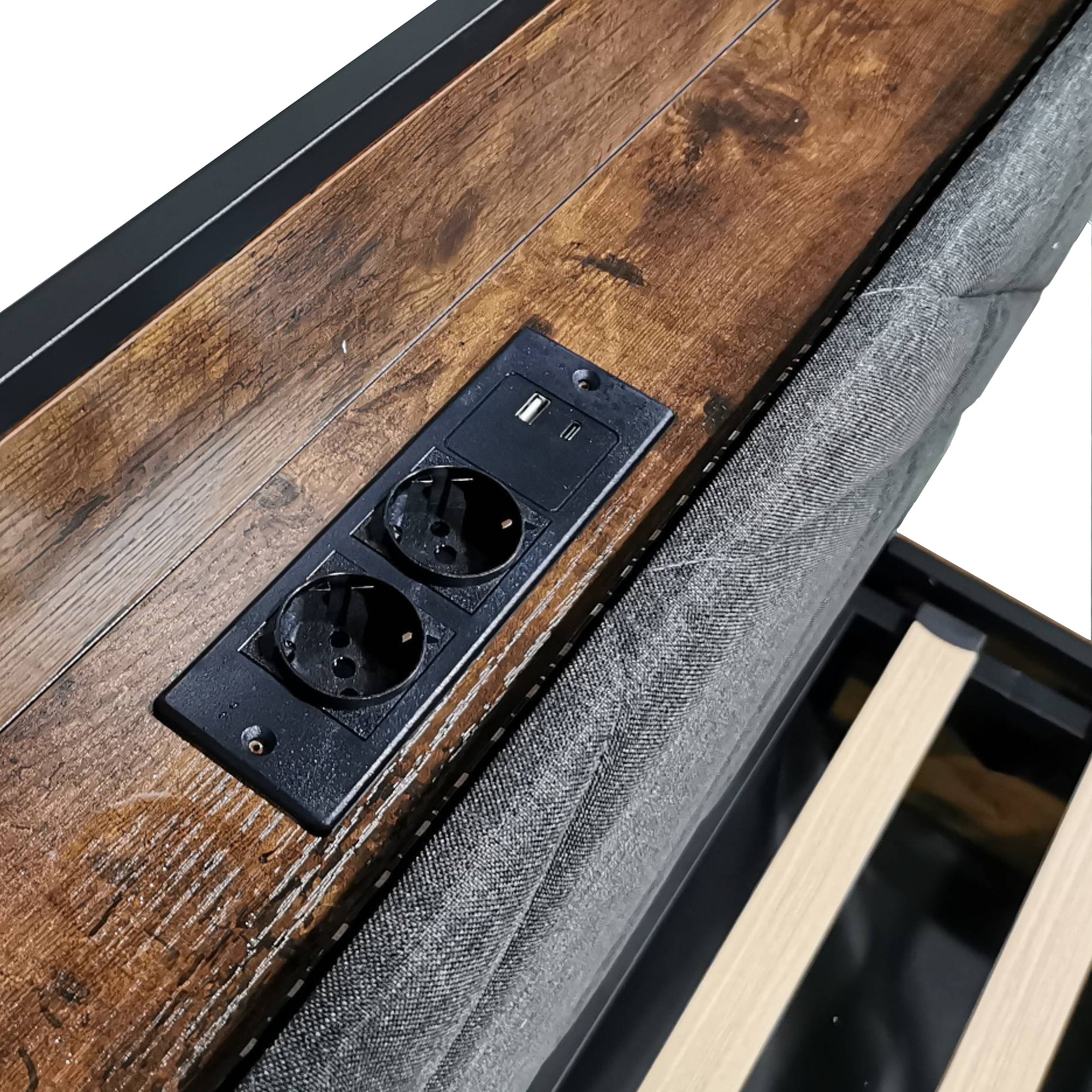 Wrought Iron Double Bed, Hydraulic Storage Canopy LED USB, Black