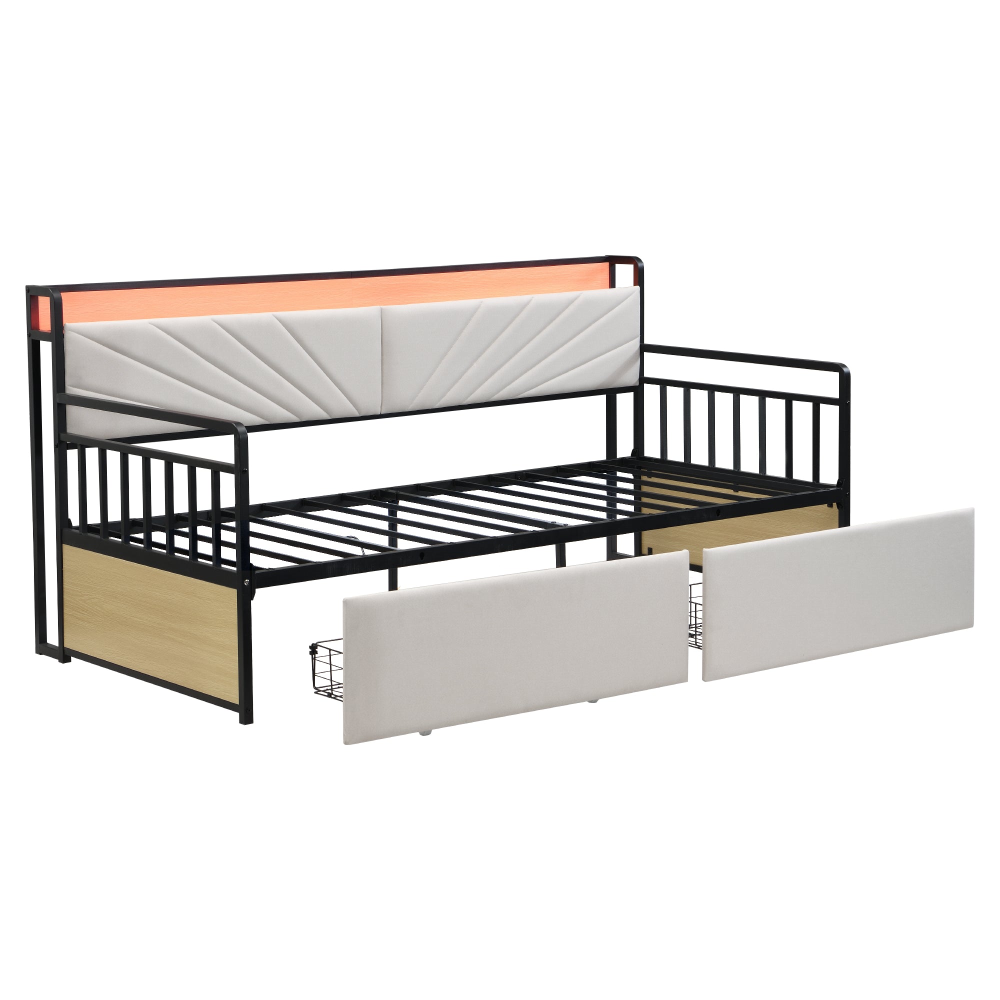 Sofa Bed, 90x200 cm LED, Shelves & Drawers, Beige Iron