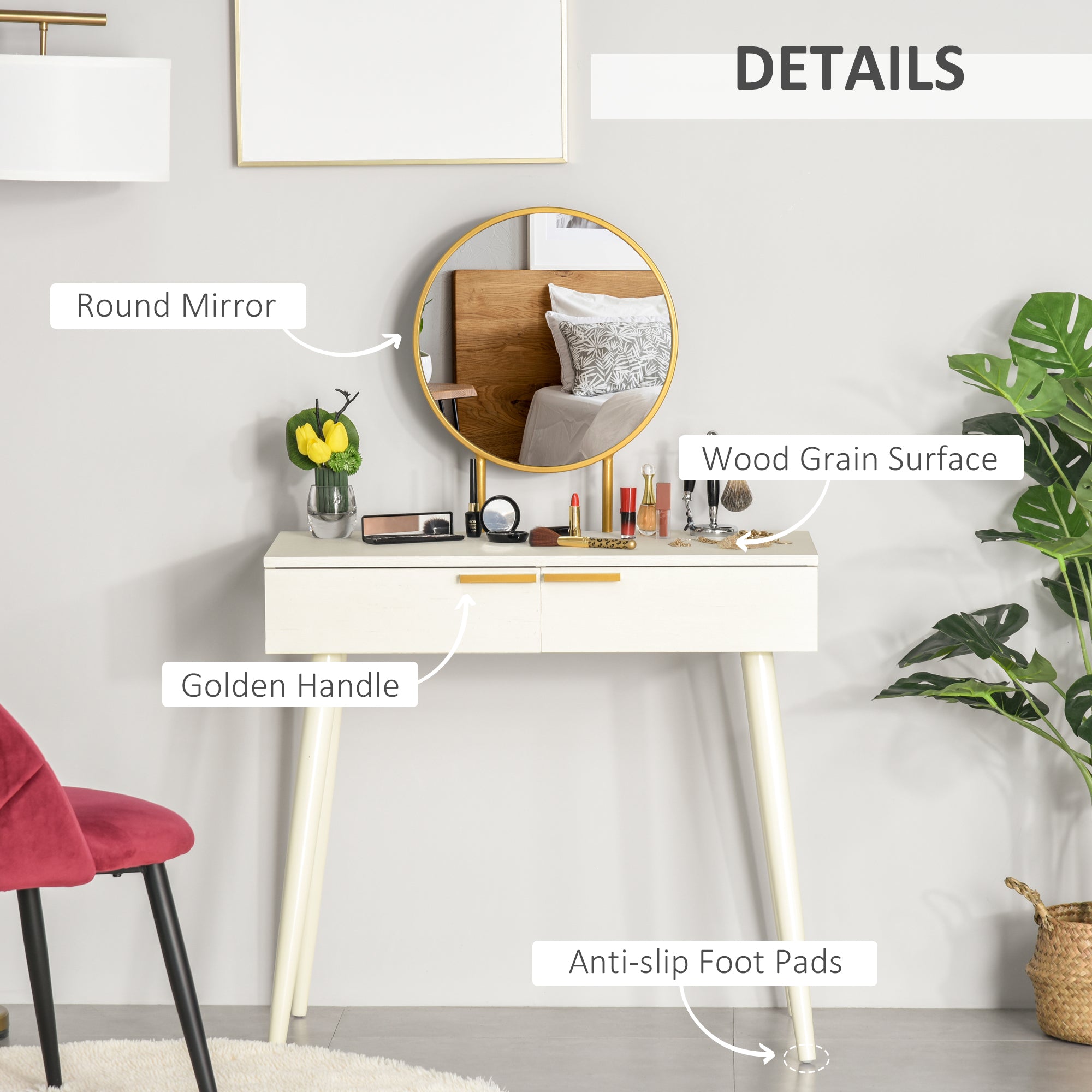 Elegant Dressing Table Round Mirror White
