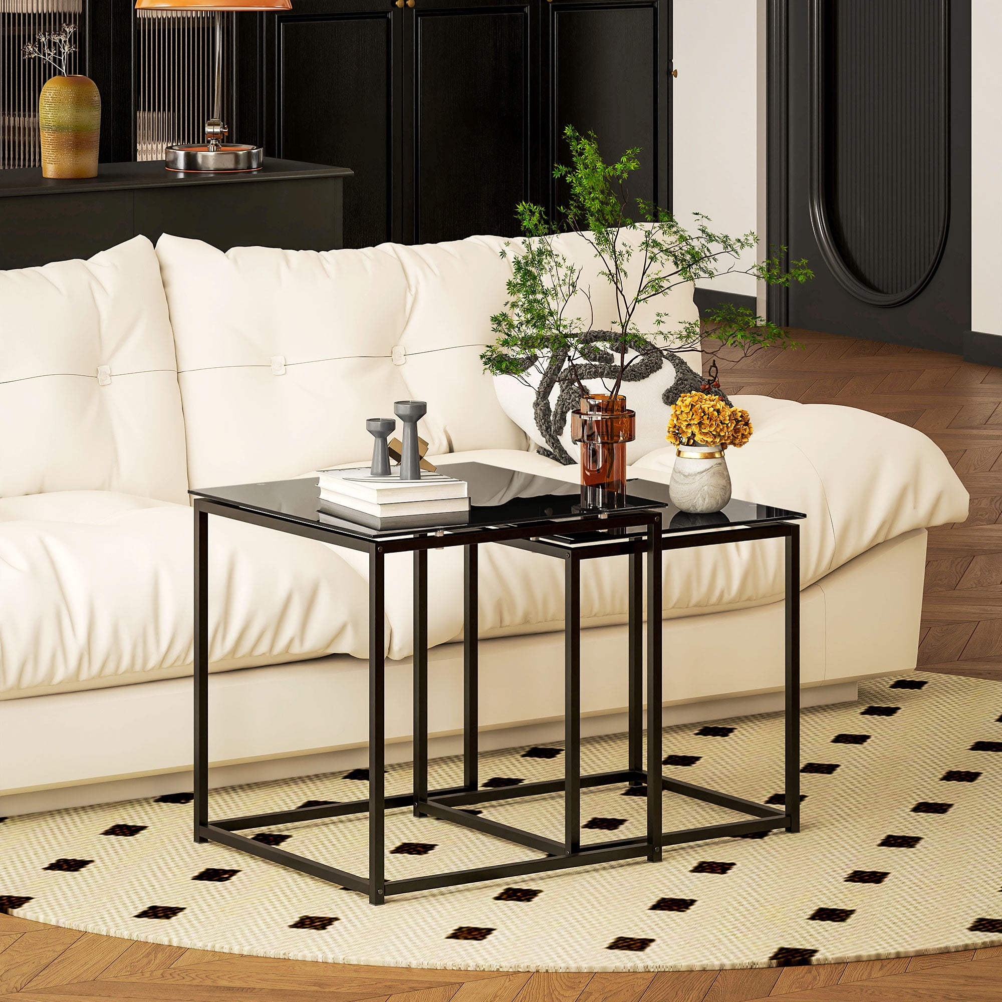 Side Table Set of 2, Coffee Table with Glass Top, Square, Black Steel