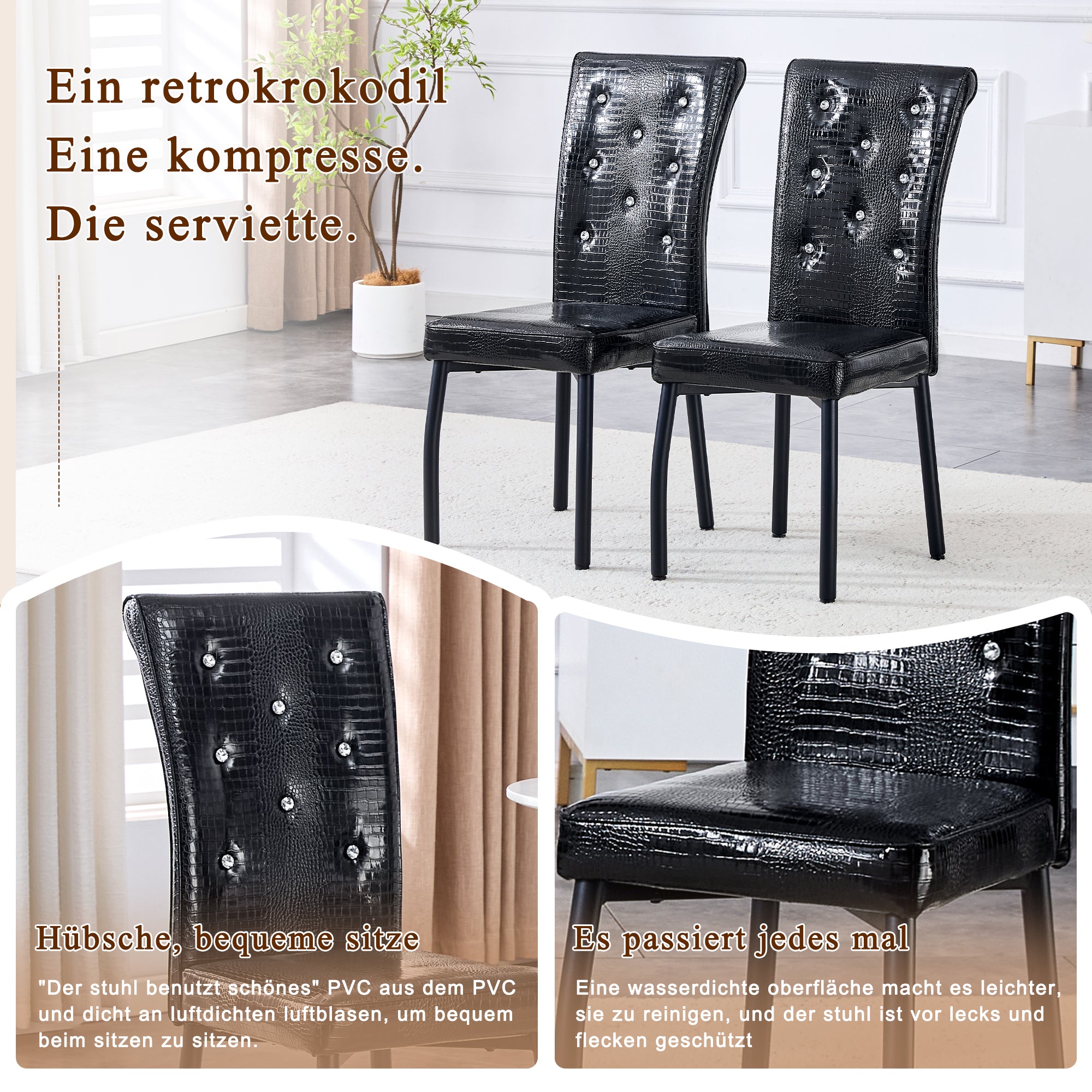 2 Dining Chairs Vintage Crocodile Faux Leather Crystal Clasp - Black