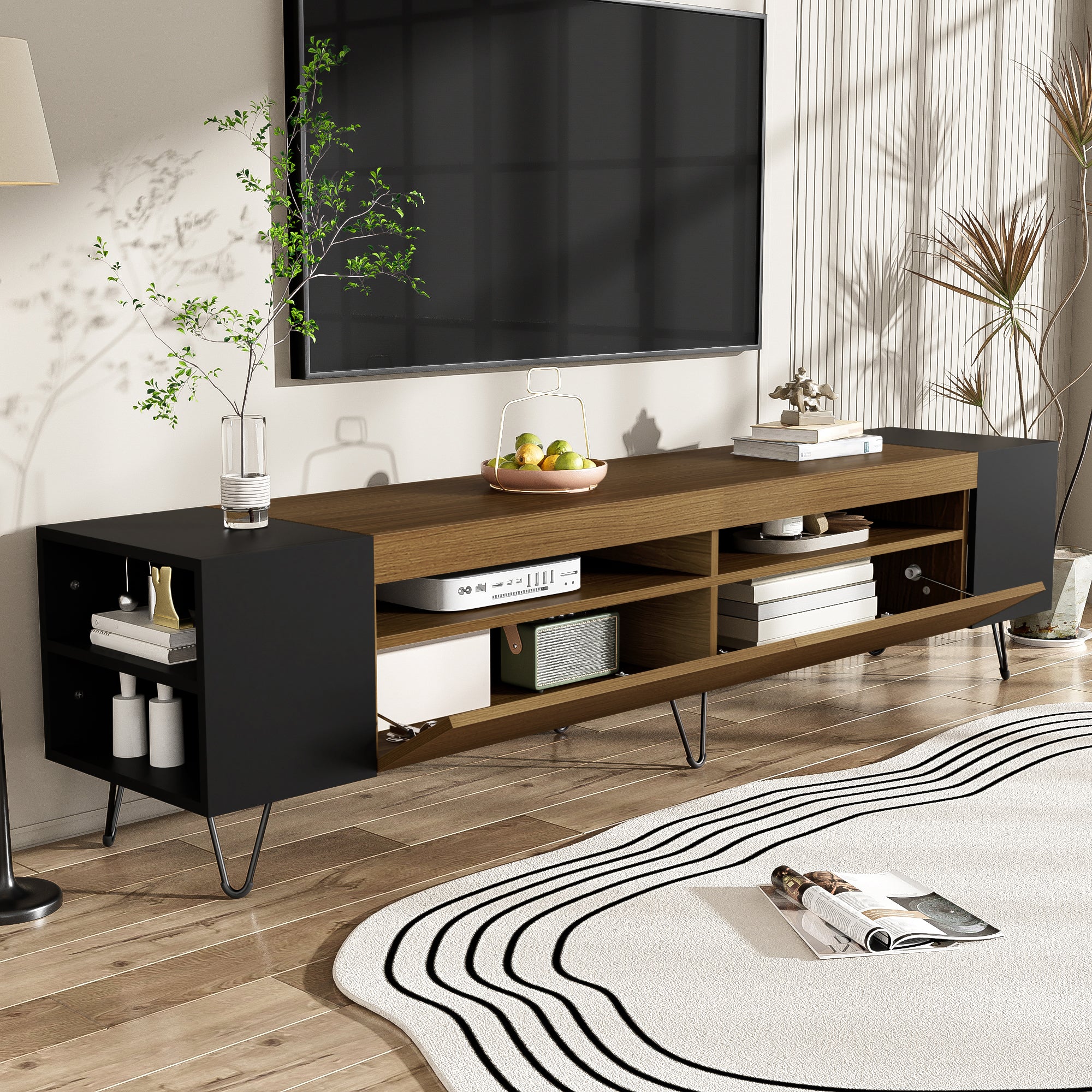 Modern TV Cabinet 180cm, Black and Wood Look