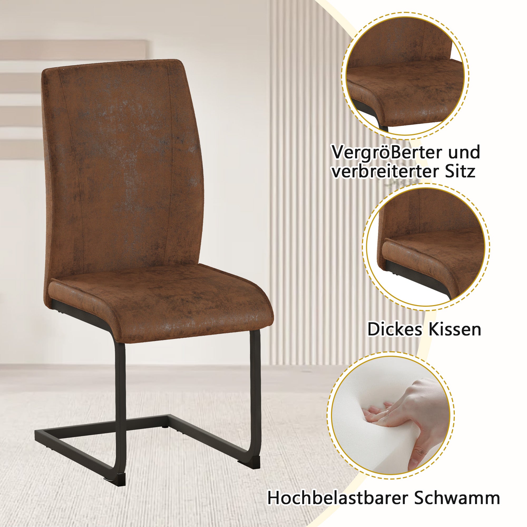 Table Set, Rectangular Dining Table with Storage Shelf & 4 Armchairs, Brown Tech Fabric