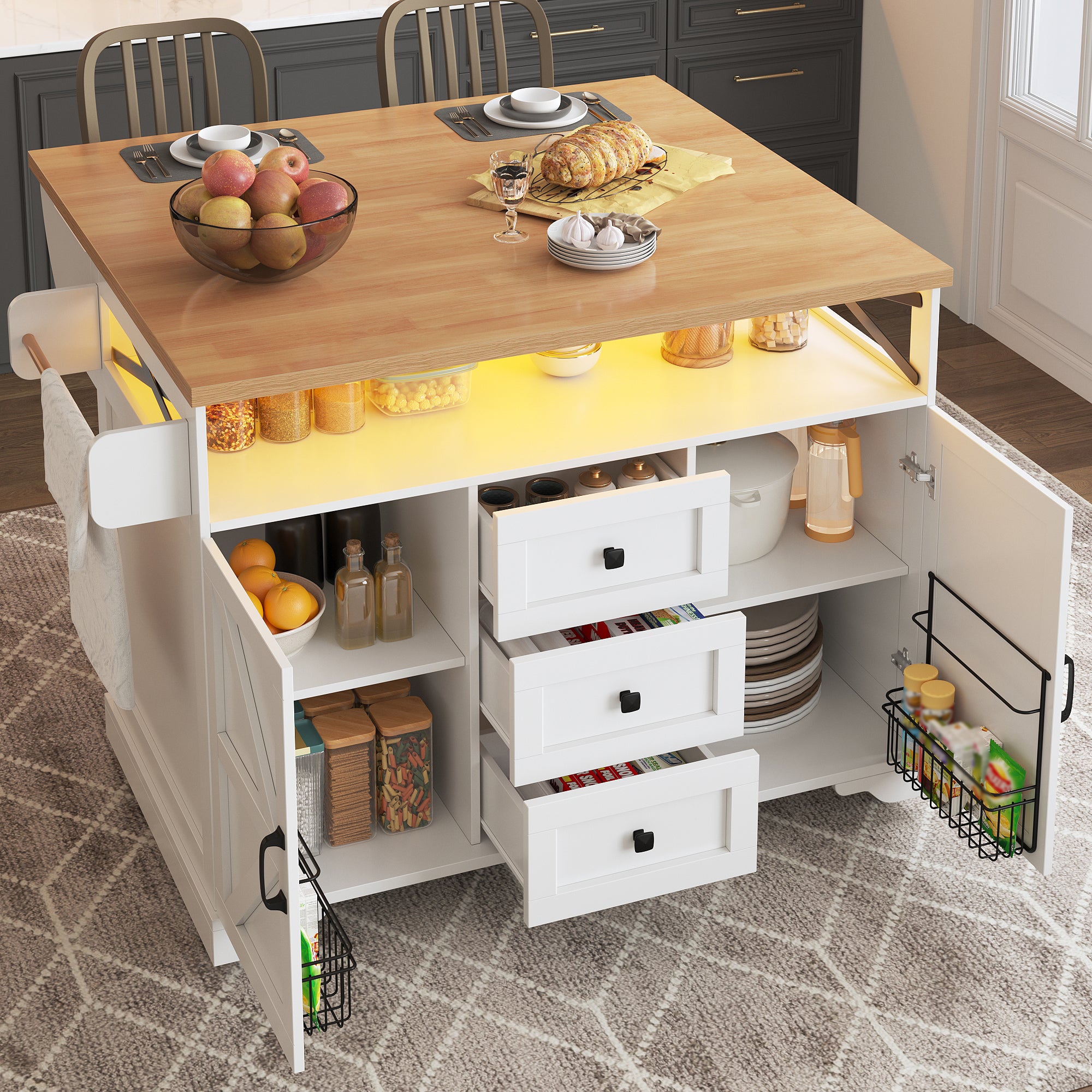 Kitchen Serving Trolley Folding Table LED Storage Cabinet - Mobile Island
