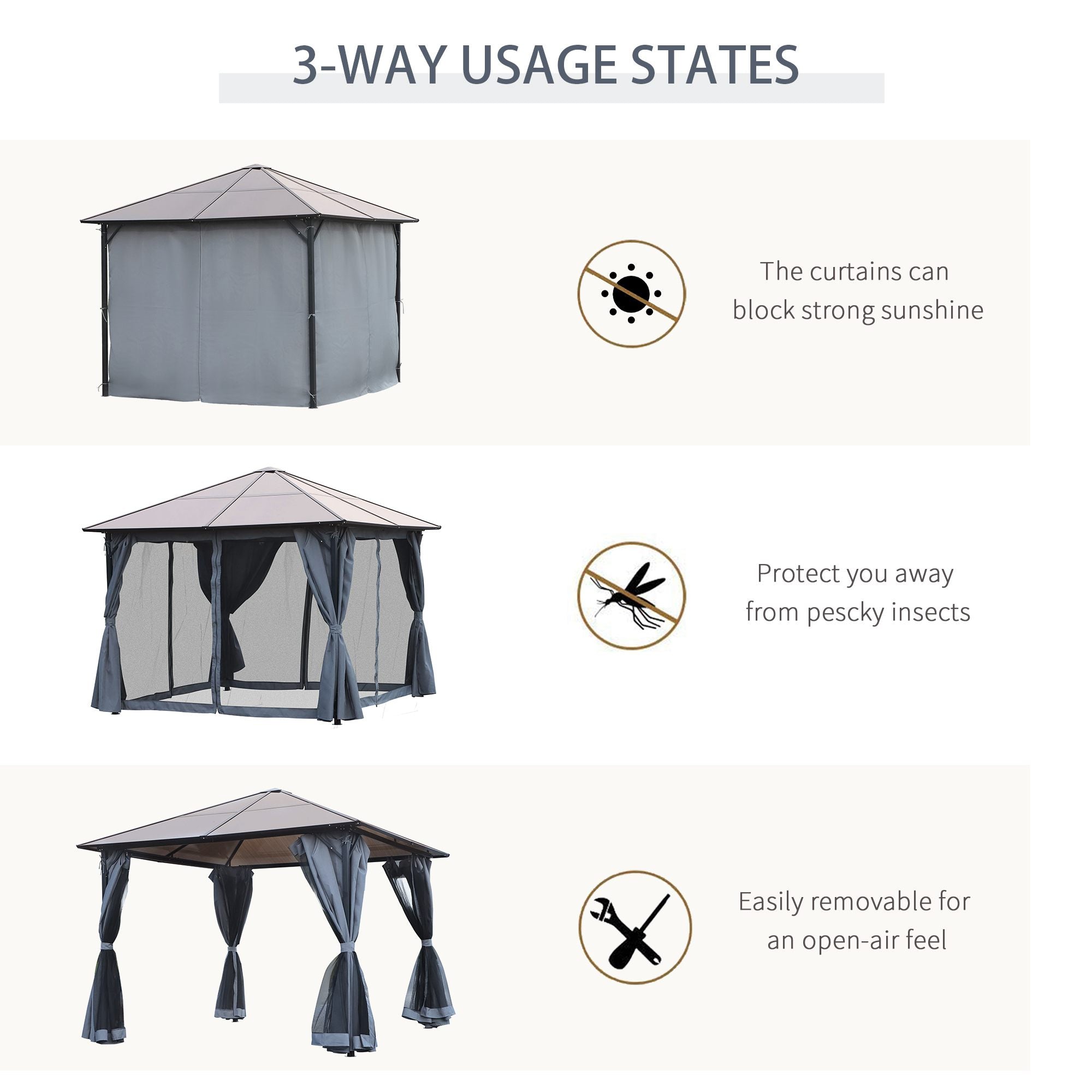 Hardtop Gazebo, 3m x 3m Metal Frame Mesh Draped, Grey