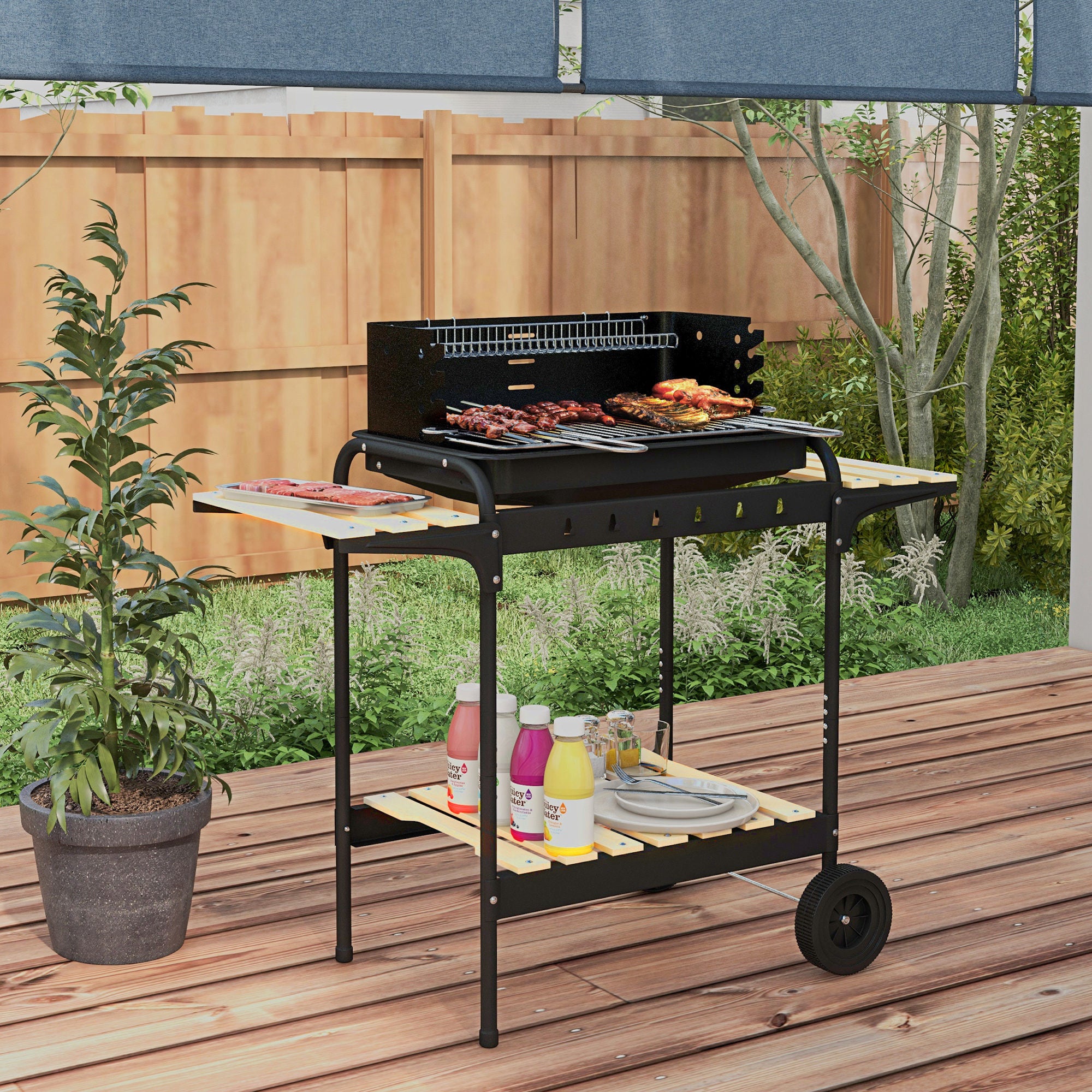 Charcoal Grill BBQ Smoker with Wheels, Adjustable Grate, Wood Shelf, Metal