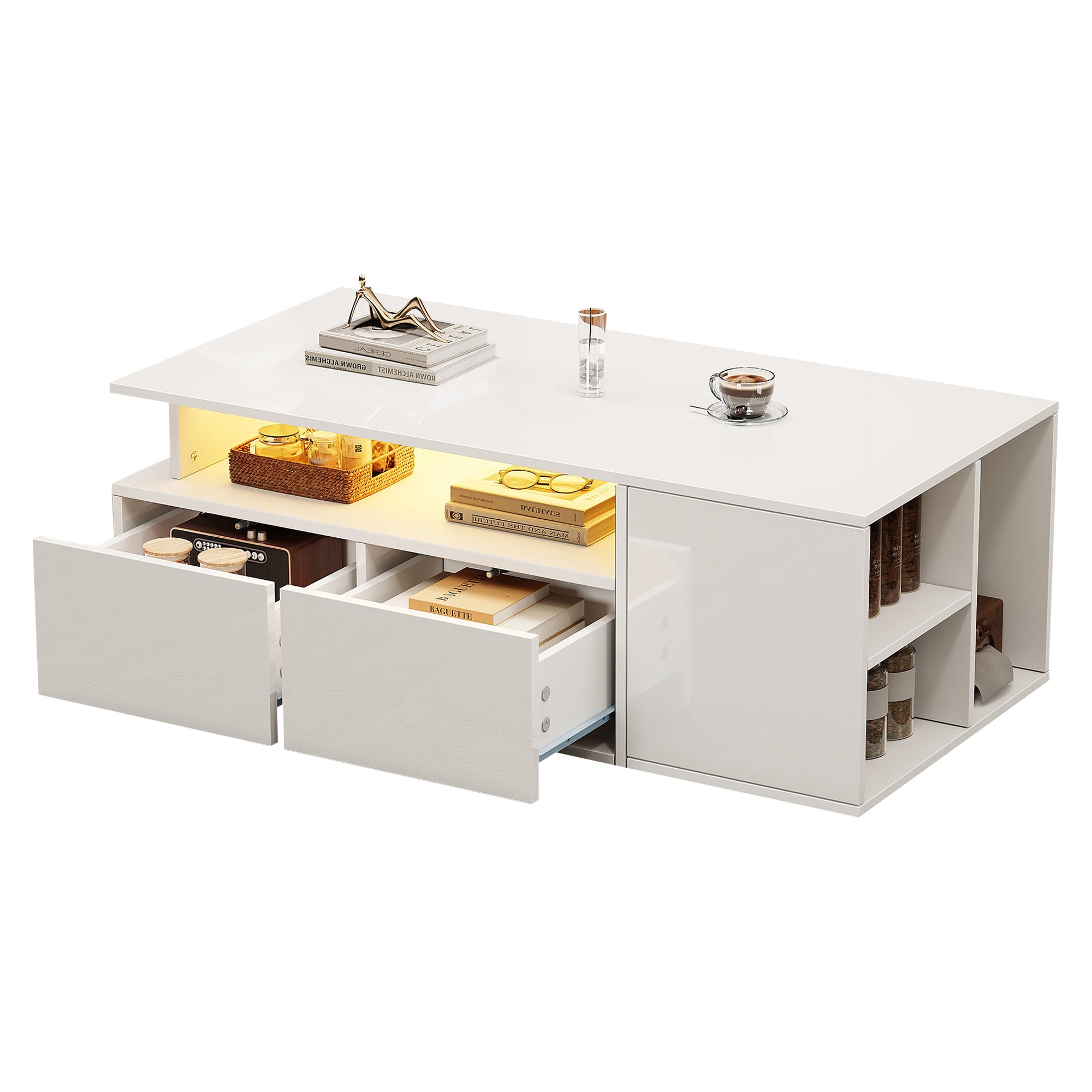Coffee Table 100x50x35cm LED Lighting 2 Drawers, White