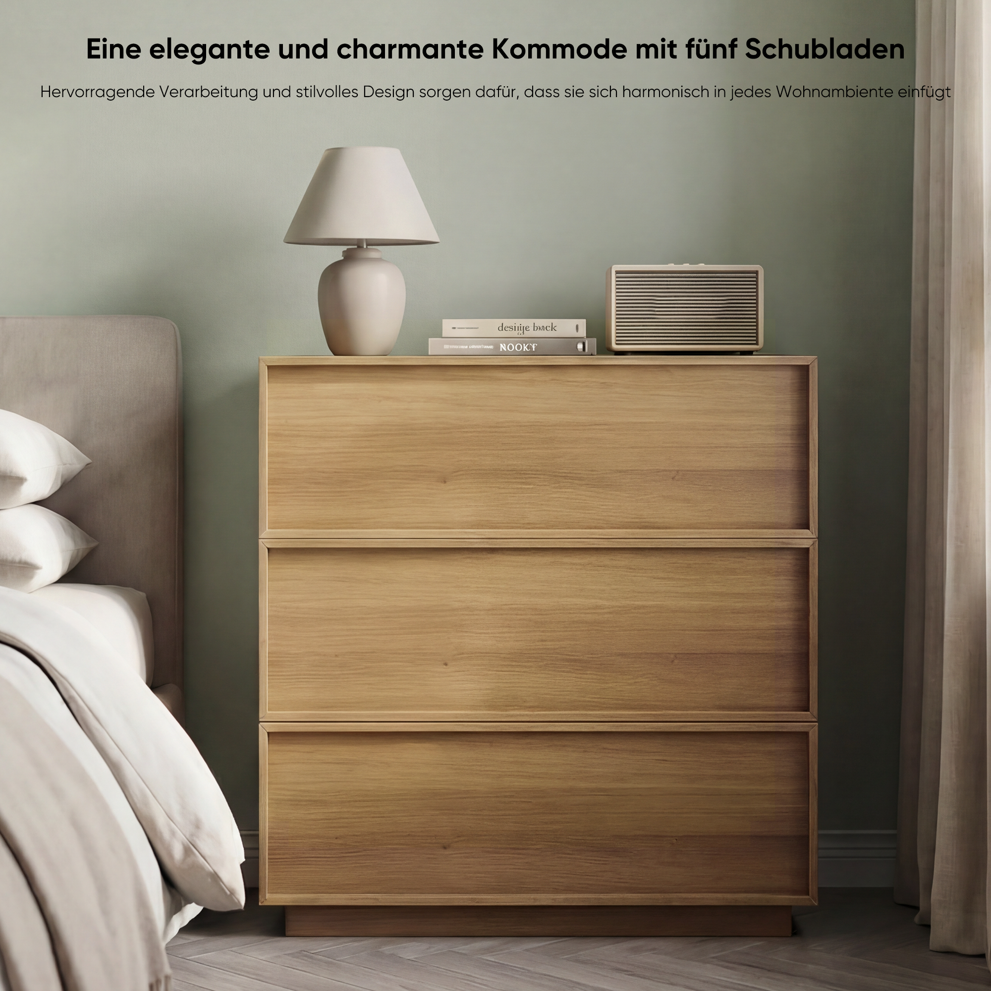 Chest of Drawers with 3 Storage Drawers and Metal Rails, Oak Wood Look