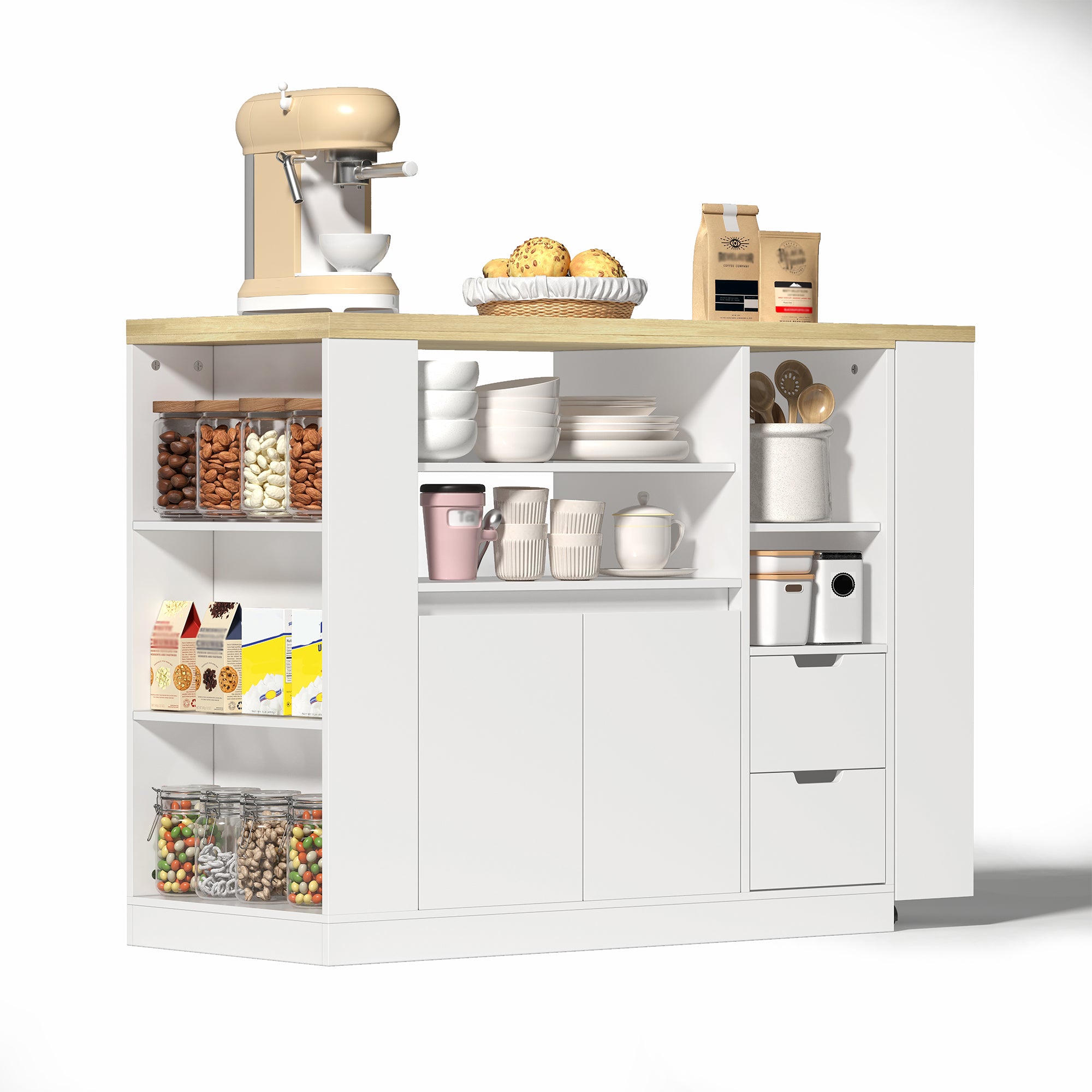 Kitchen Island with Extendable Worktop and Storage Shelves, Wood Look