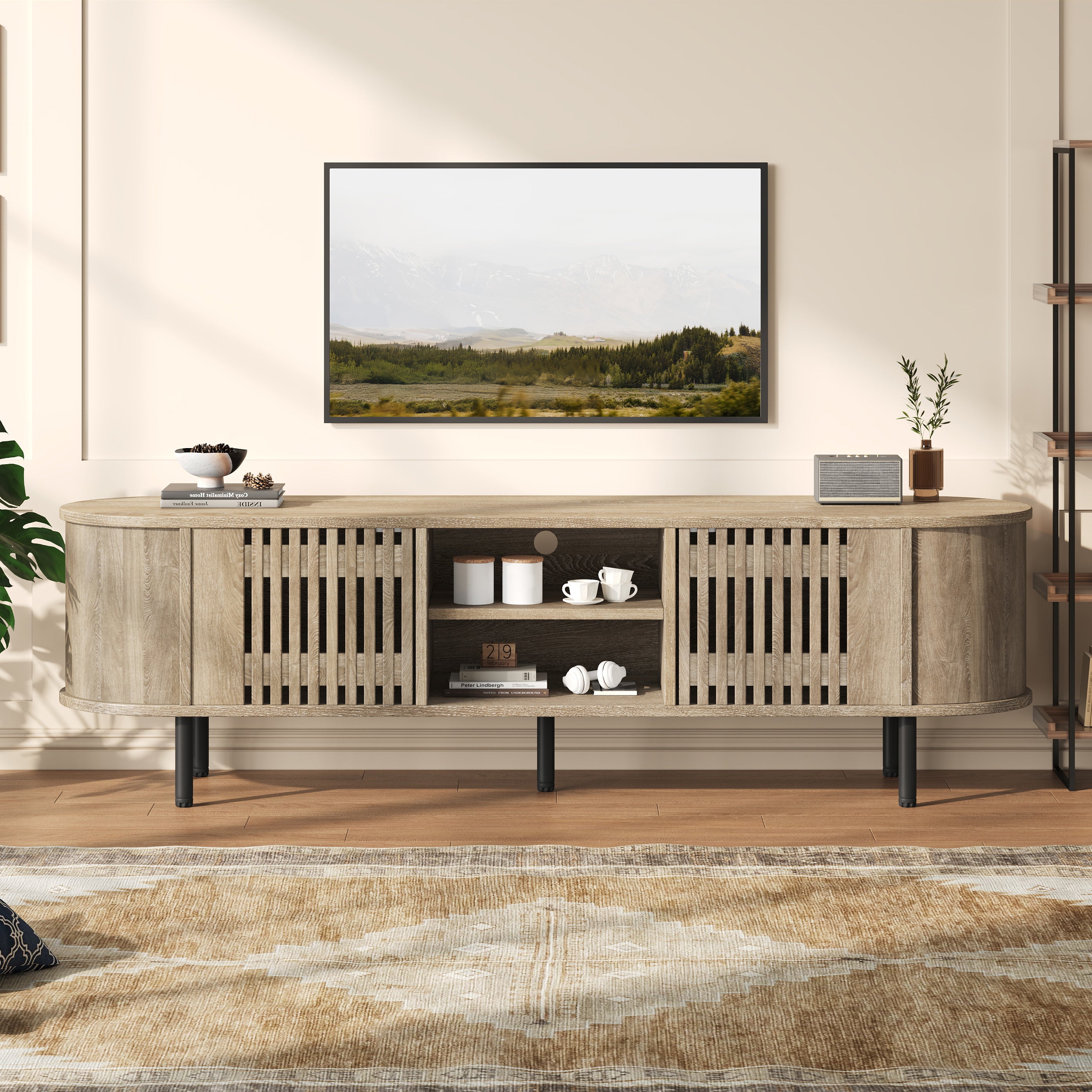 TV Cabinet Lowboard 160x40x47cm Openwork Design 2 Cabinets for 65" TV - Natural Wood