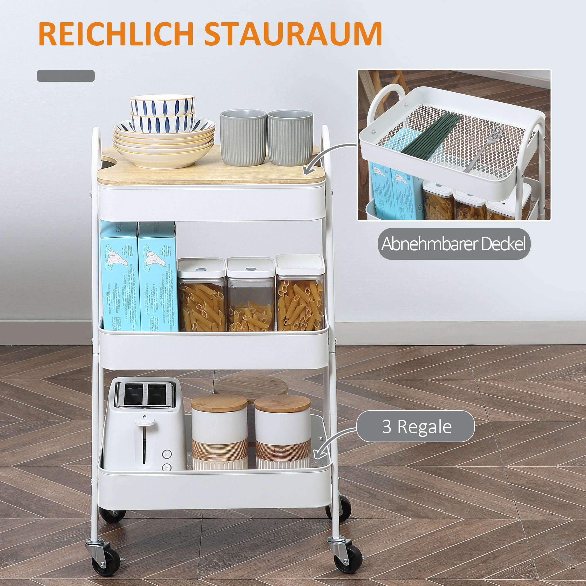 Kitchen Trolley 3-Tier Rolling Cart, Metal Steel White