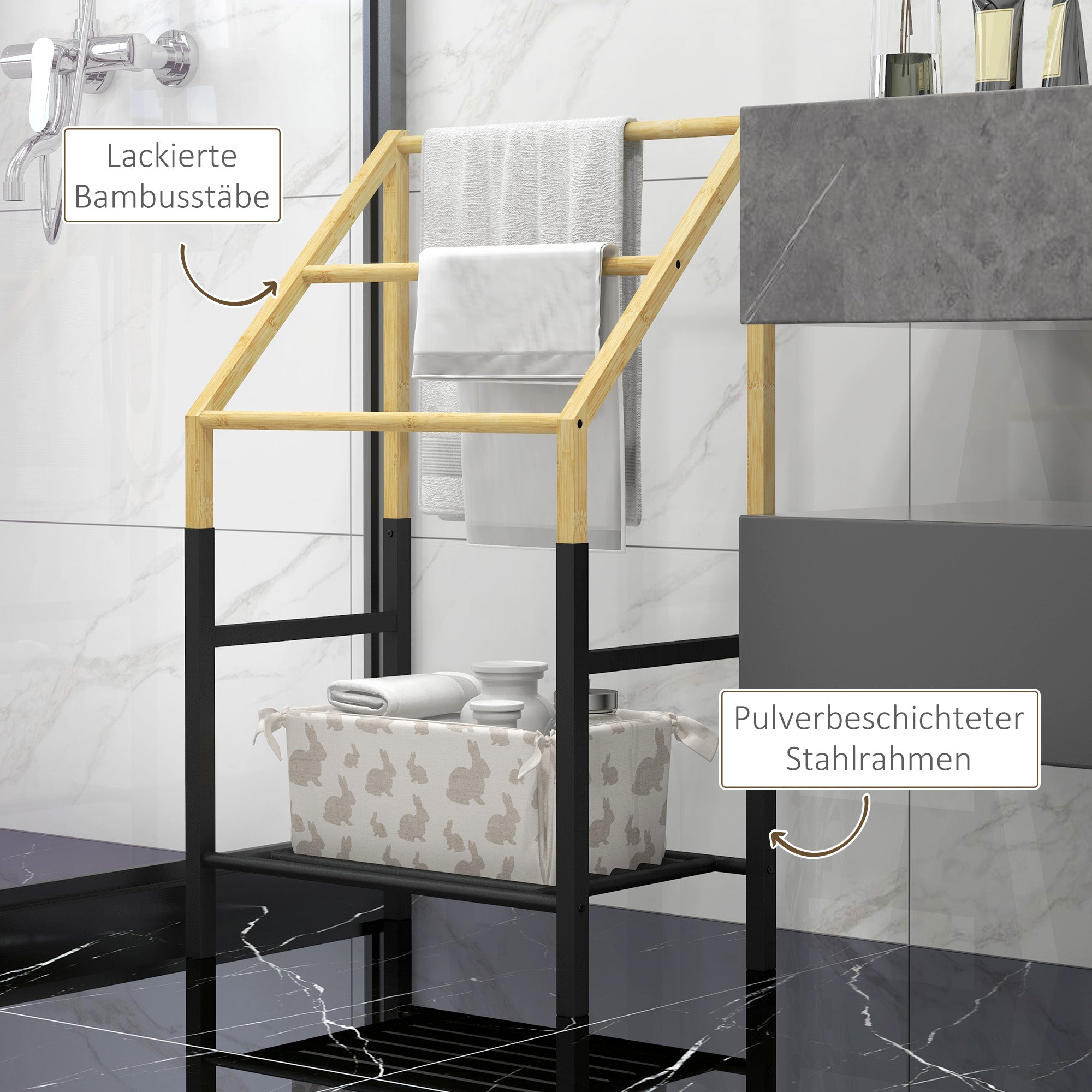 Towel Holder Freestanding, 3 Towel Rails with Shelf, Metal, Natural