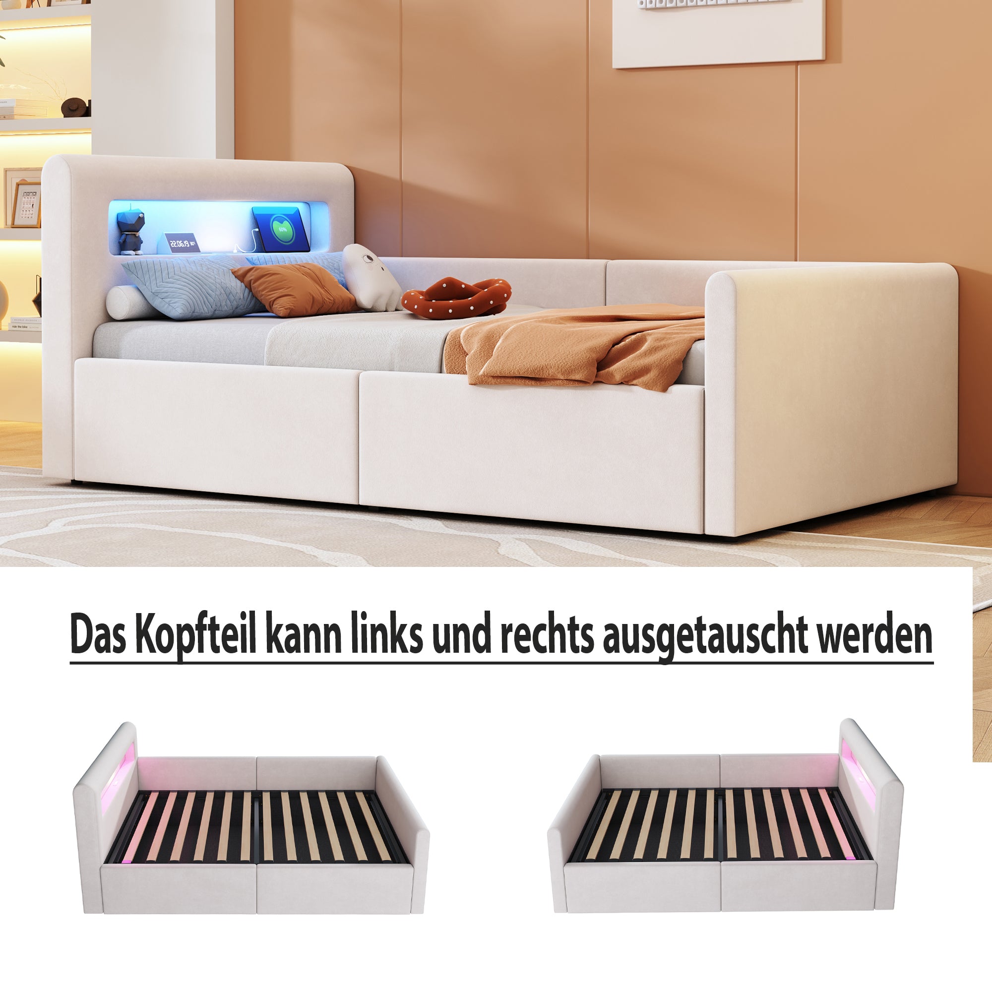 Upholstered Children's Bed 90x200 cm, LED/USB, Hydraulic Storage, Shelf, Velvet Fabric Beige