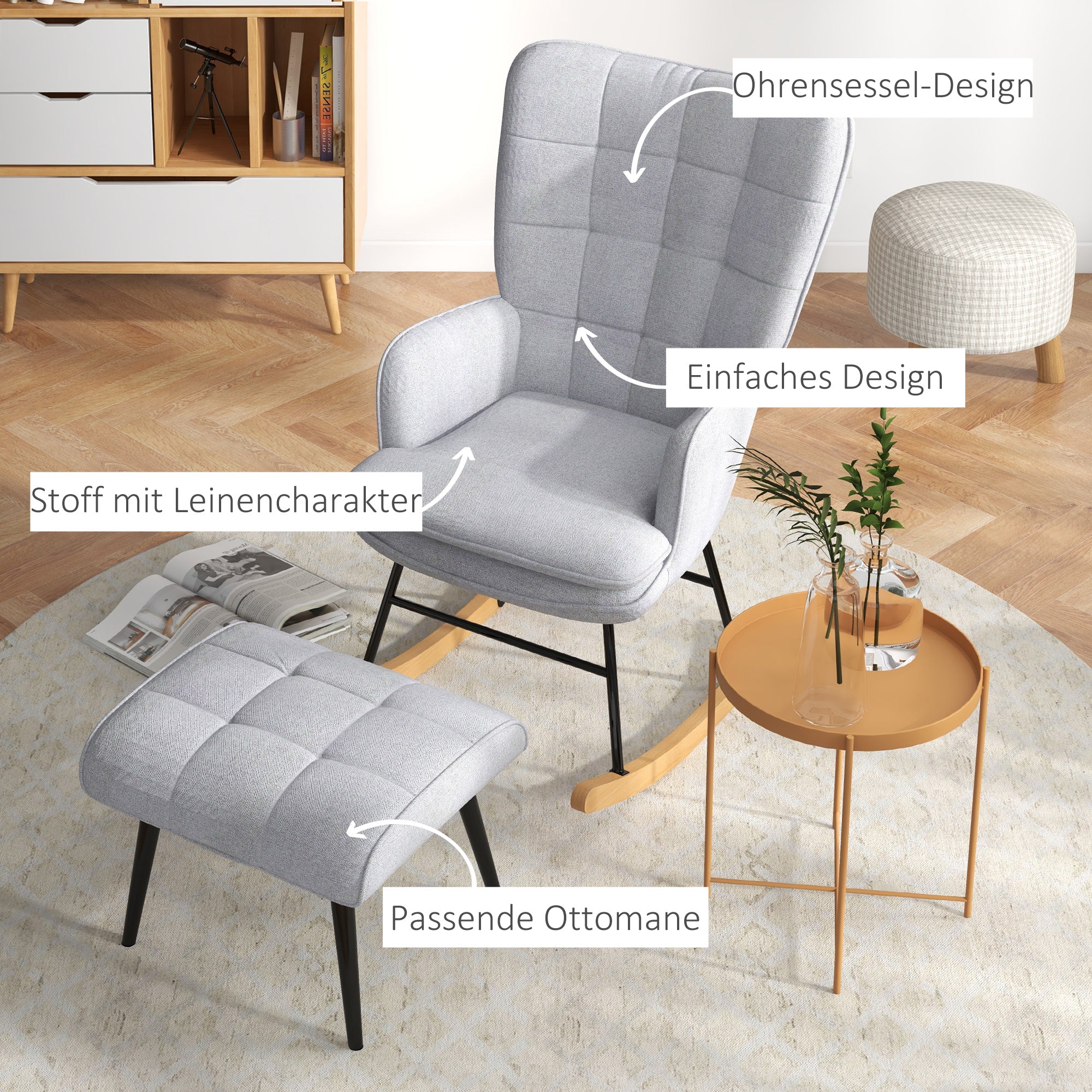 Rocking Chair with Stool, Armchair, Relaxing, 130 kg, Light Grey